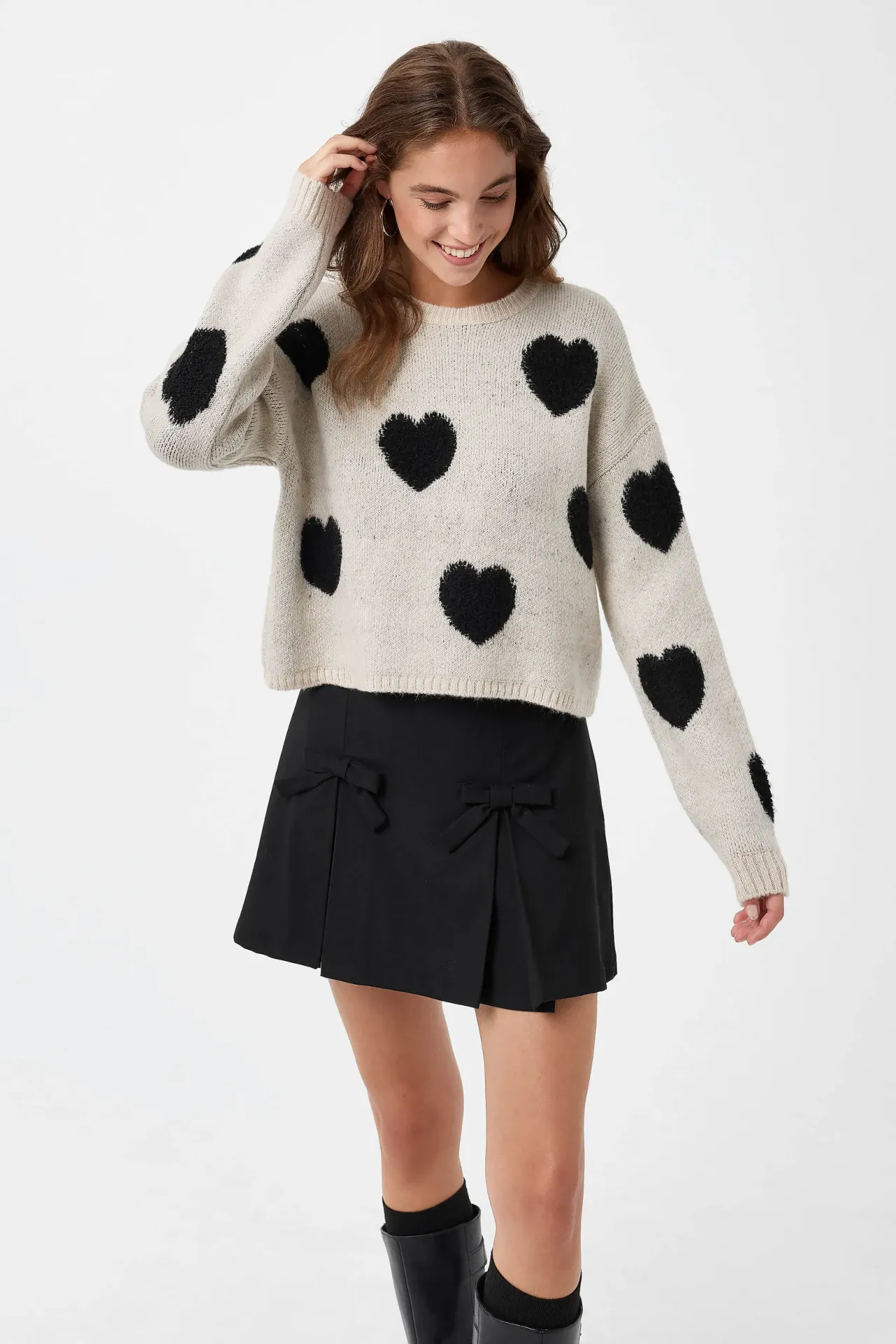 Heart Patterned Crew Neck Sweater