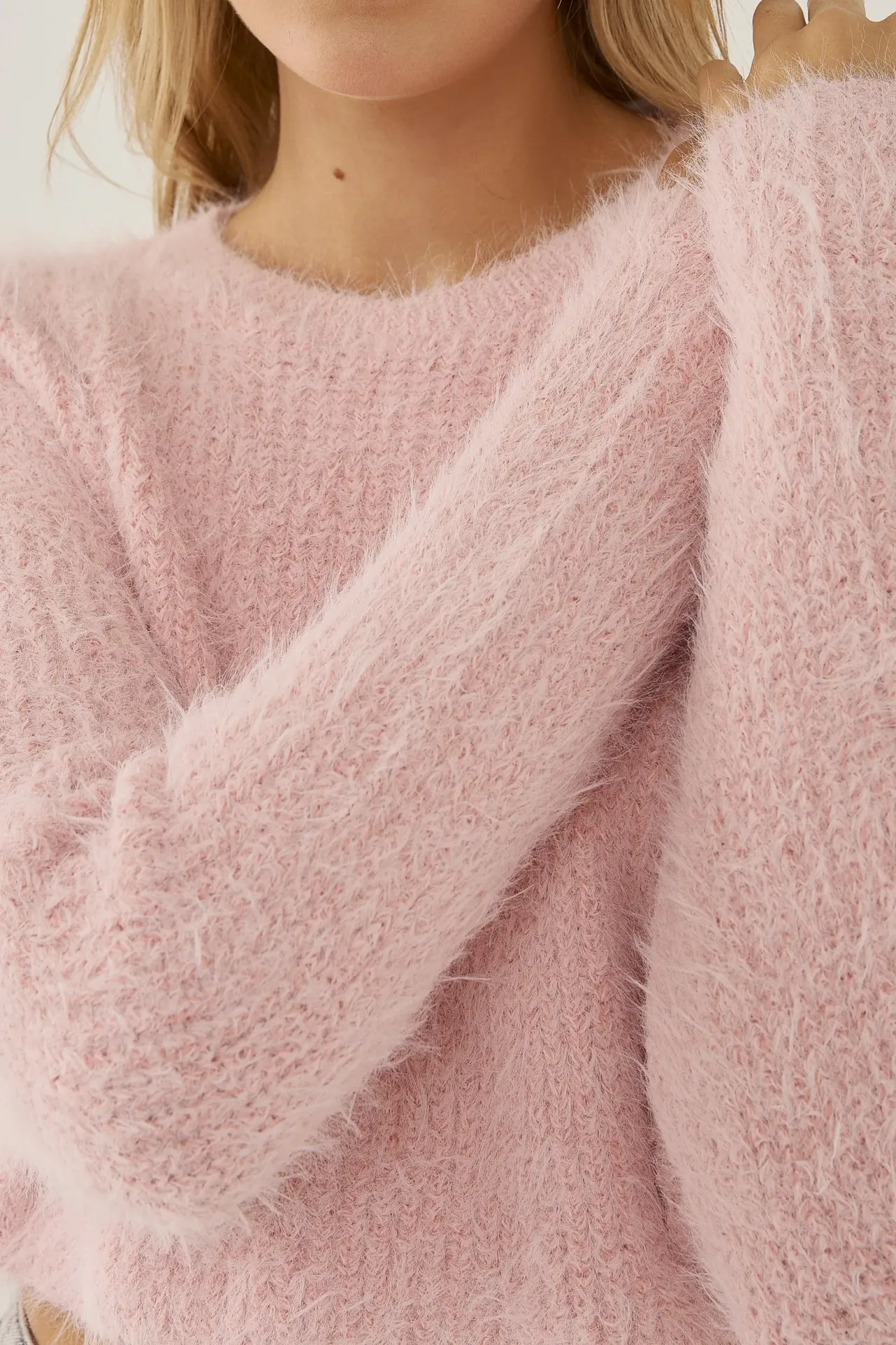 Textured Crop Sweater with Crew Neck