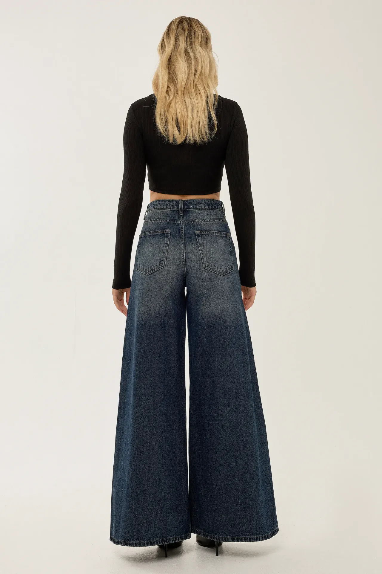 Washed Effect Wide Leg Denim Jeans