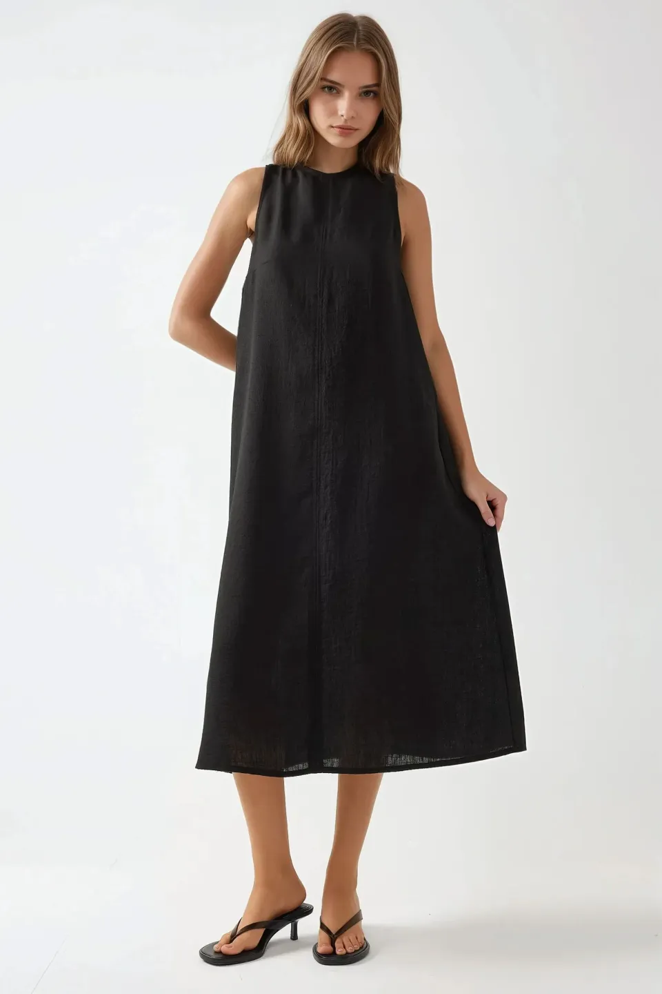 Linen Feel Sleeveless Crew Neck Midi Dress