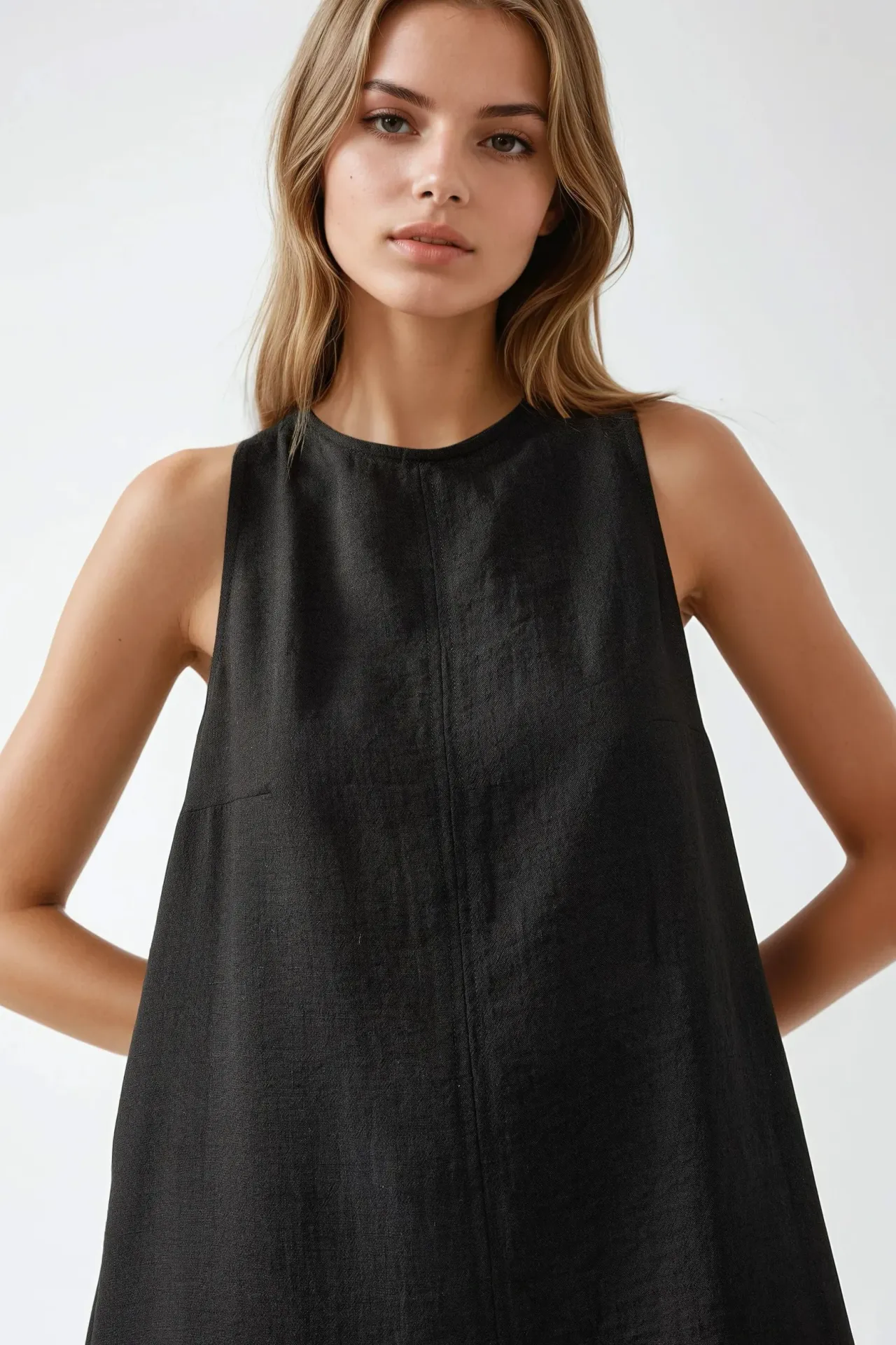 Linen Feel Sleeveless Crew Neck Midi Dress