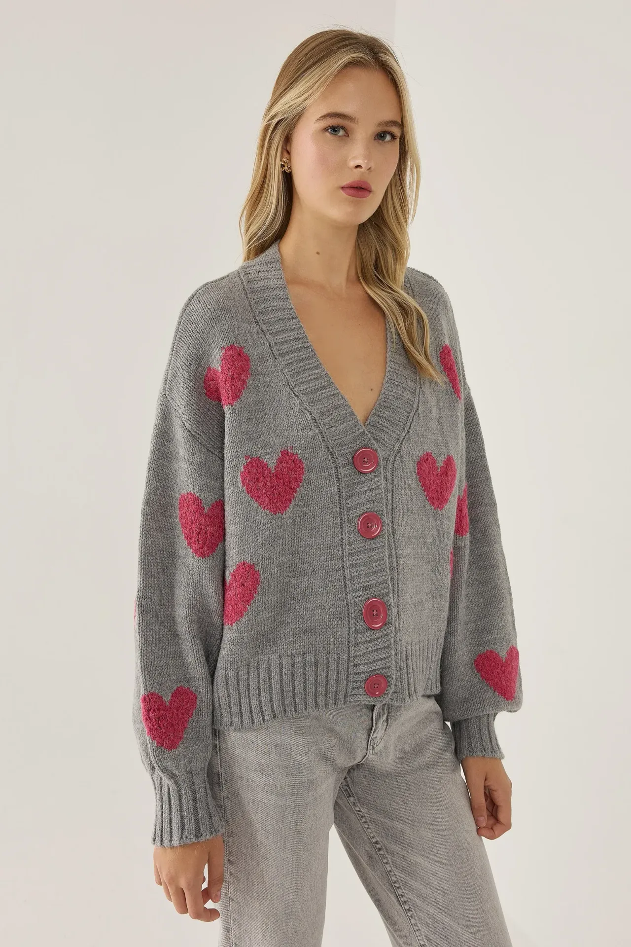 Heart Patterned Relaxed Fit Cardigan