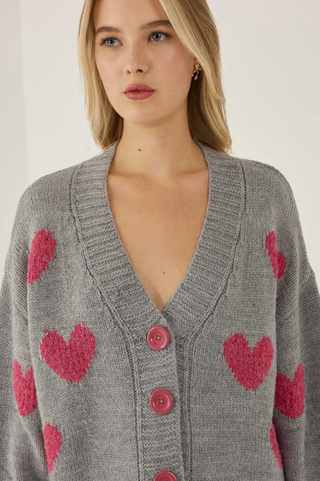 Heart Patterned Relaxed Fit Cardigan