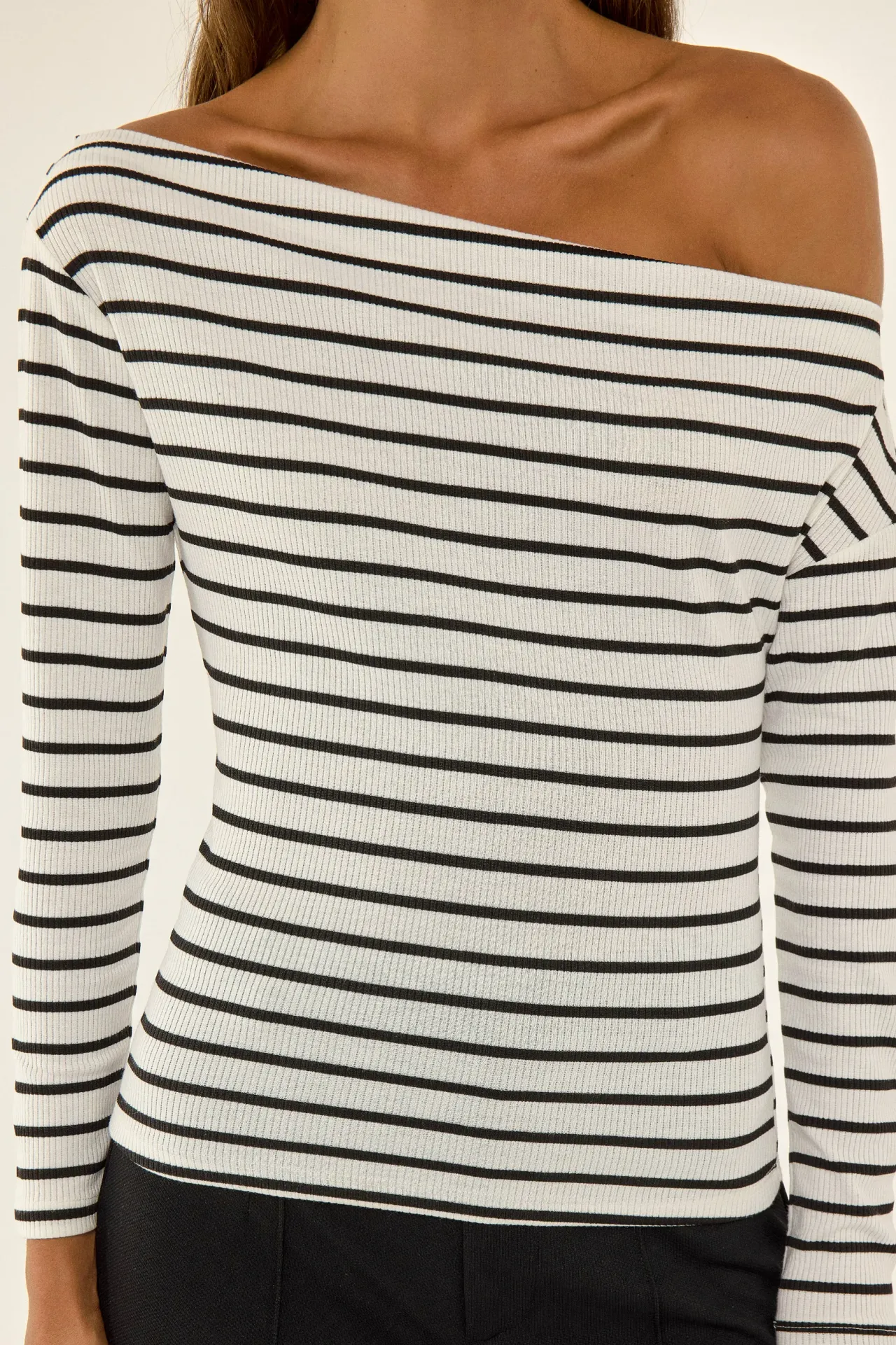 Striped Carmen Collar Long Sleeve Top