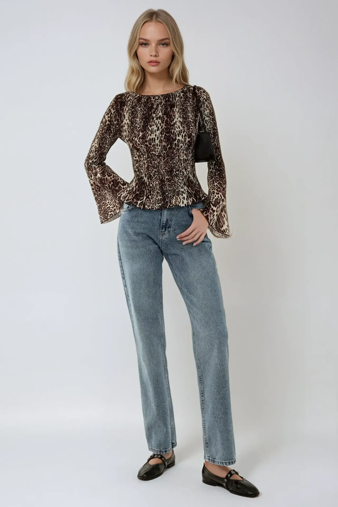 Animal Print Boat Neck Top with Shirred Detail