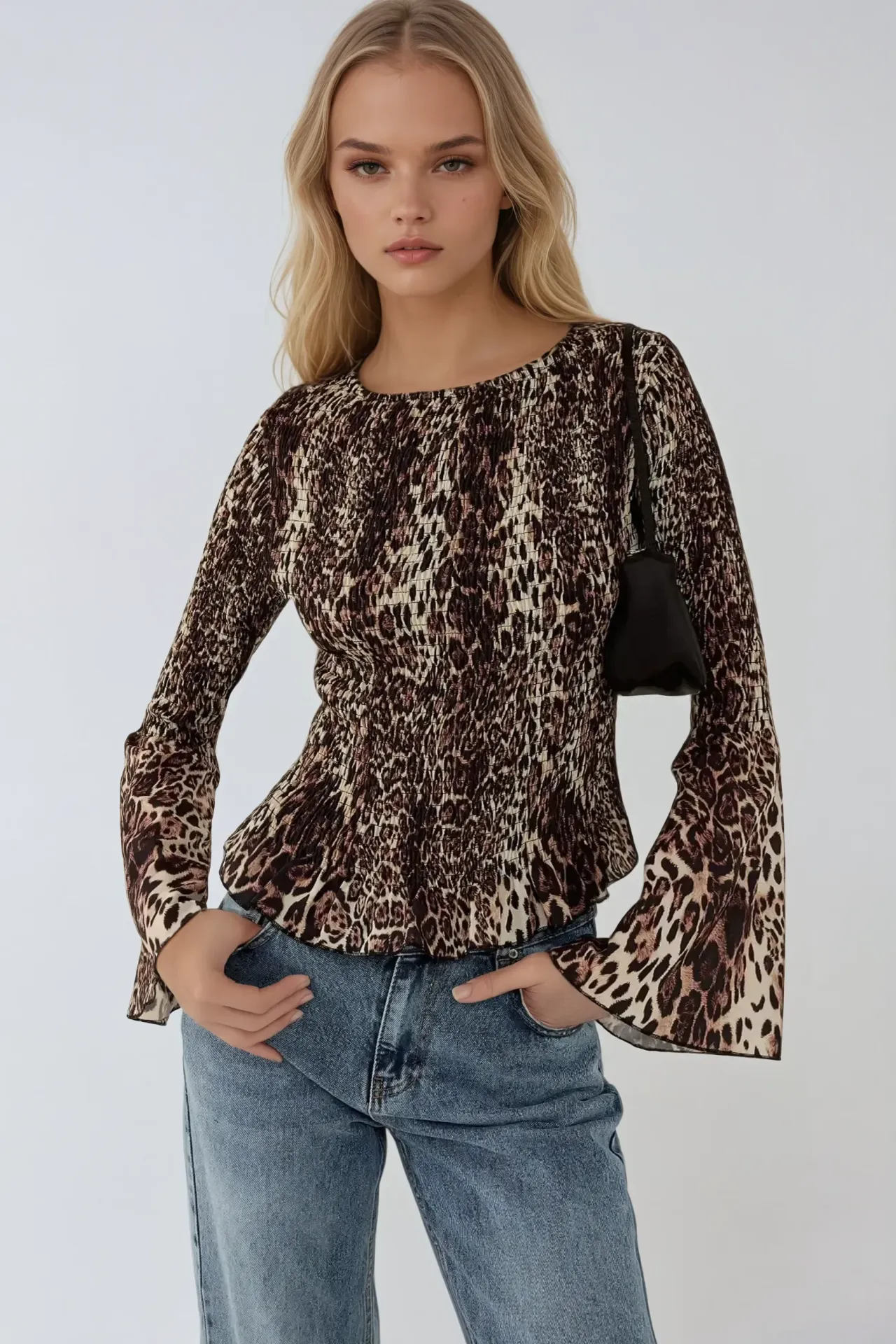 Animal Print Boat Neck Top with Shirred Detail