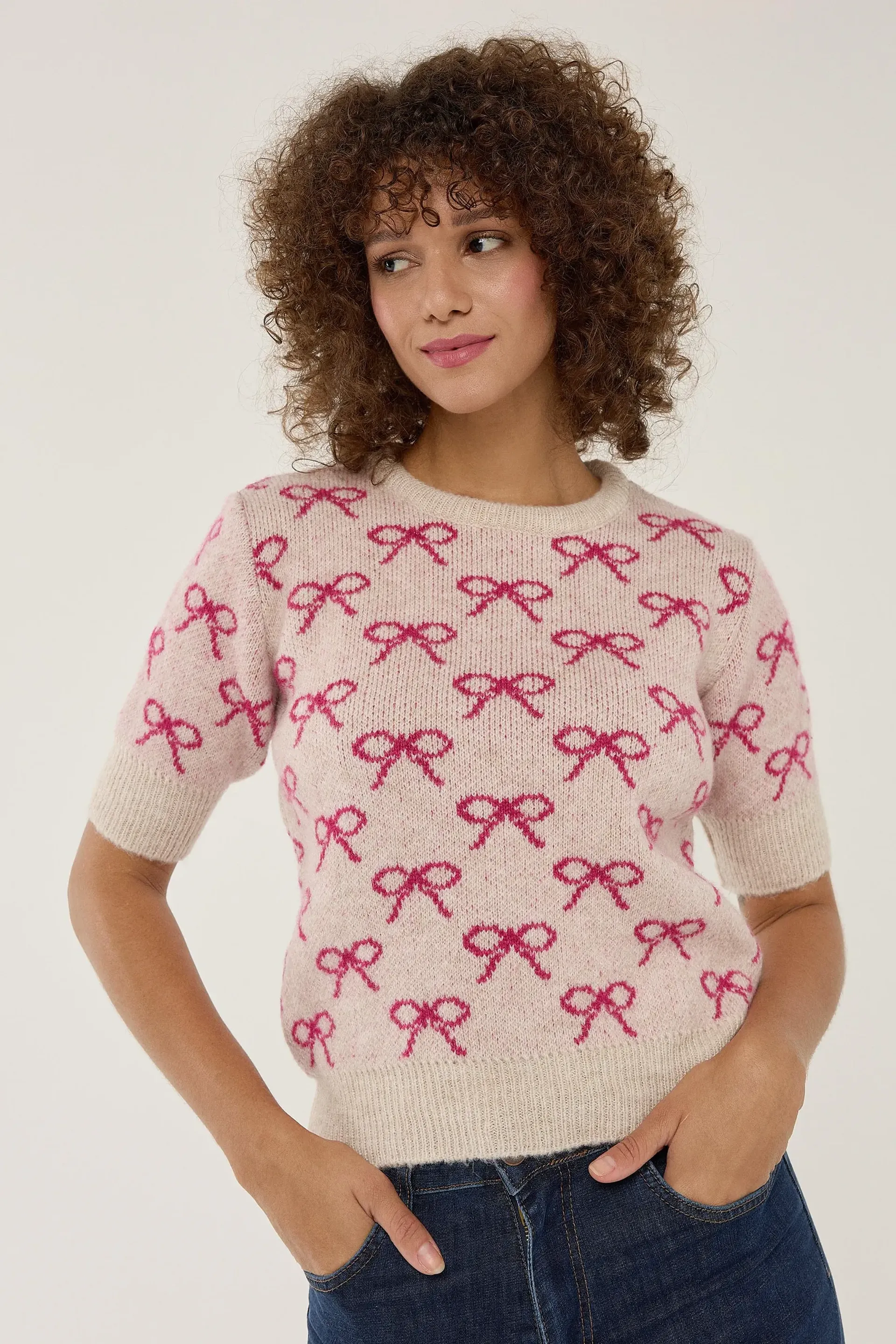 Pink Bow Patterned Short Sleeve Sweater Women