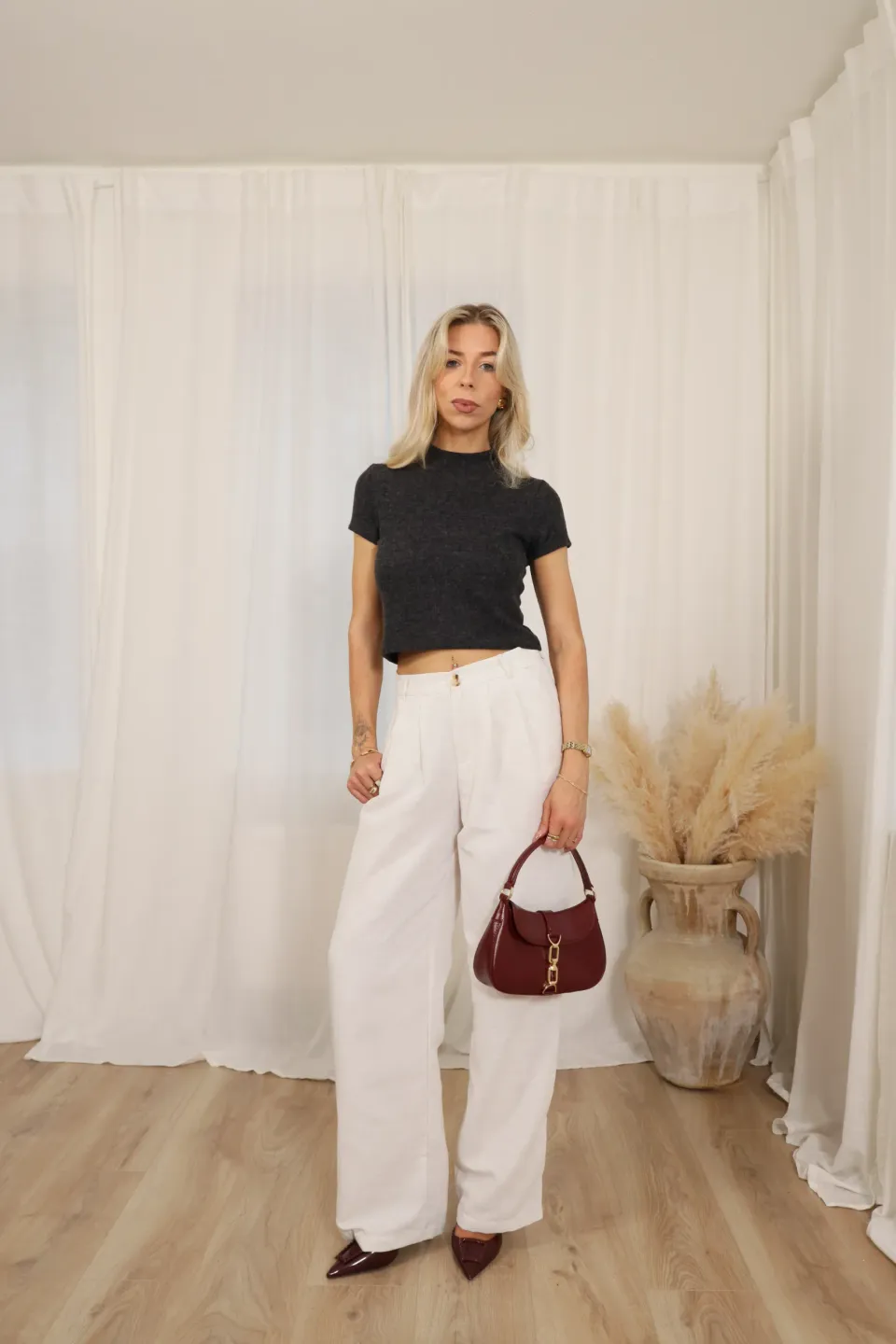 Linen Feel Wide Leg Pleated Pants