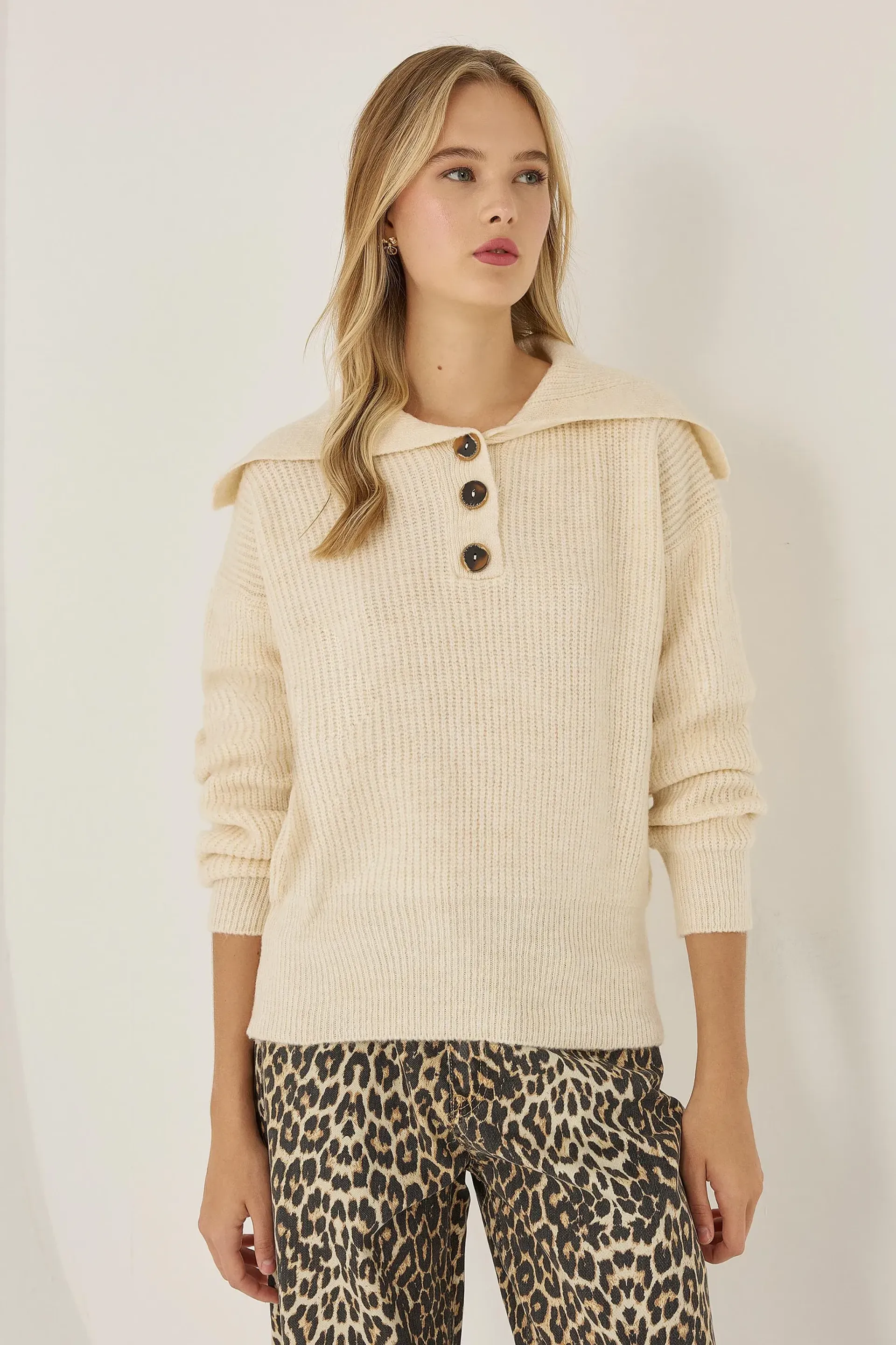 Natural Shawl Collar Buttoned Sweater Women