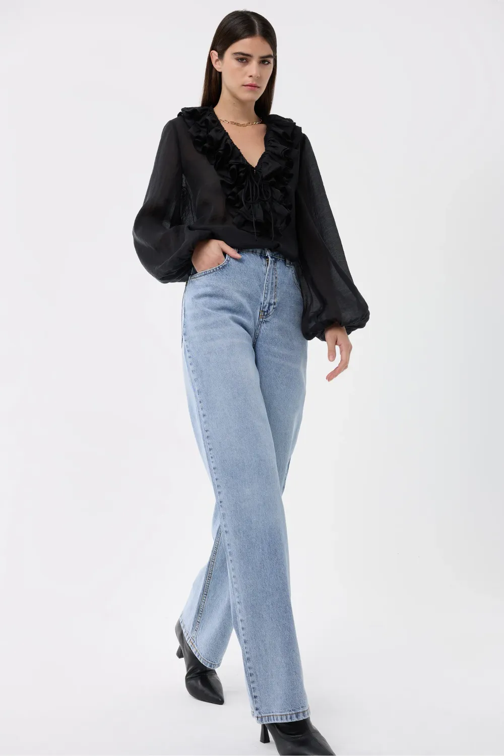 High-Waist Straight-Leg Washed Pants 2