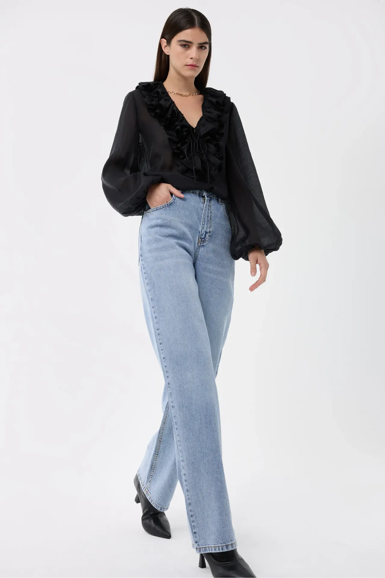 High-Waist Straight-Leg Washed Pants