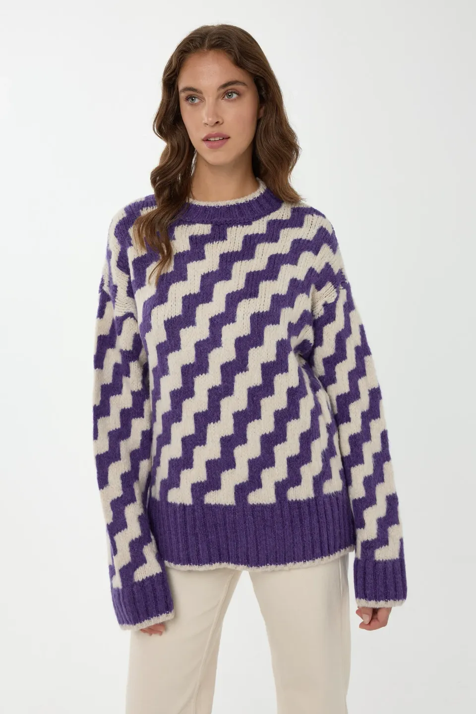 Zigzag Patterned Crew Neck Sweater