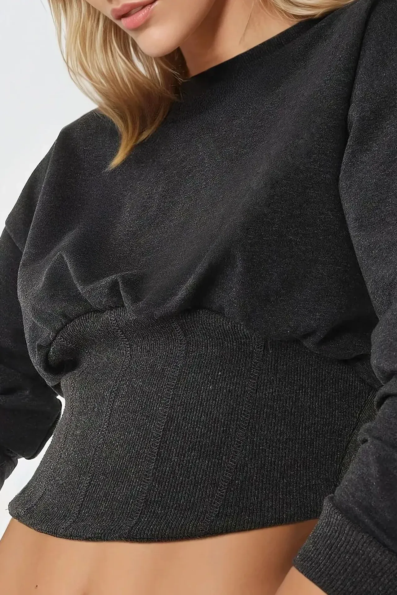 Fitted Crew Neck Corset Knitted Sweatshirt