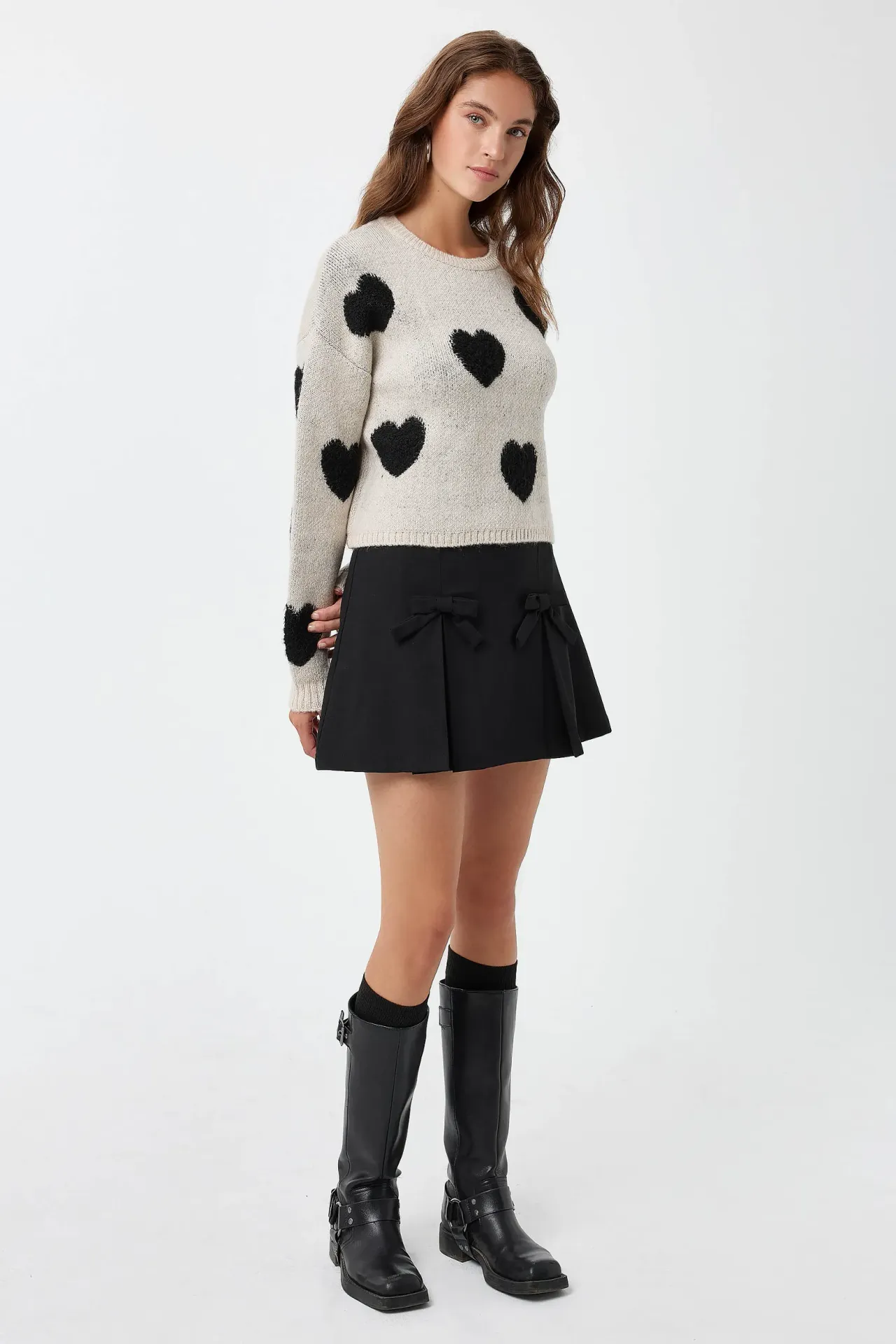 Heart Patterned Crew Neck Sweater