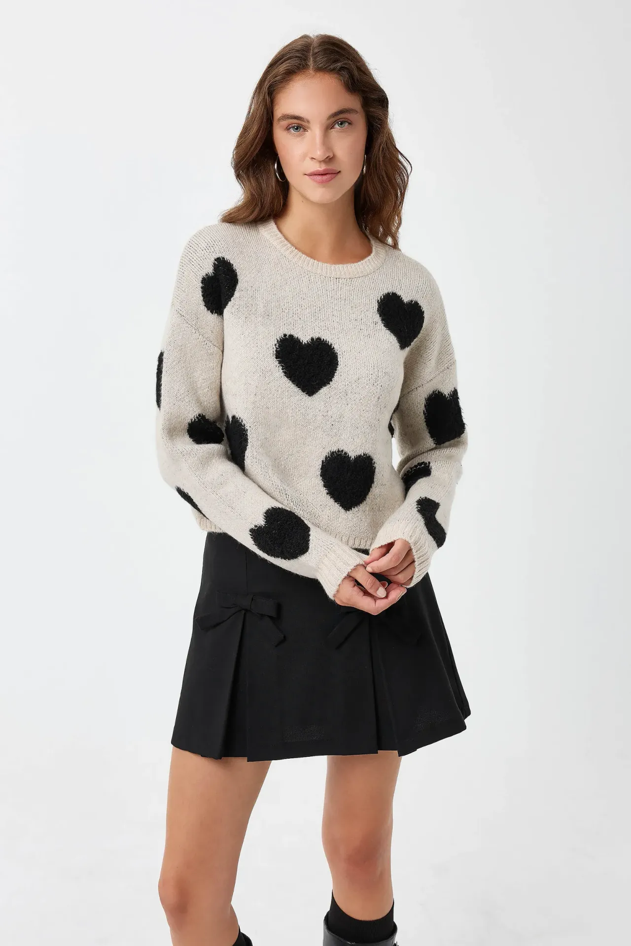 Heart Patterned Crew Neck Sweater
