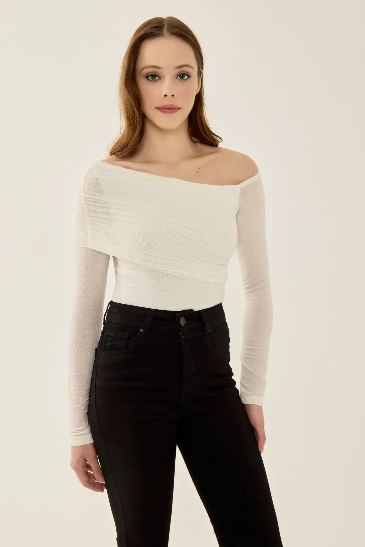 Asymmetrical Collar Long Sleeve Slim Fit Blouse