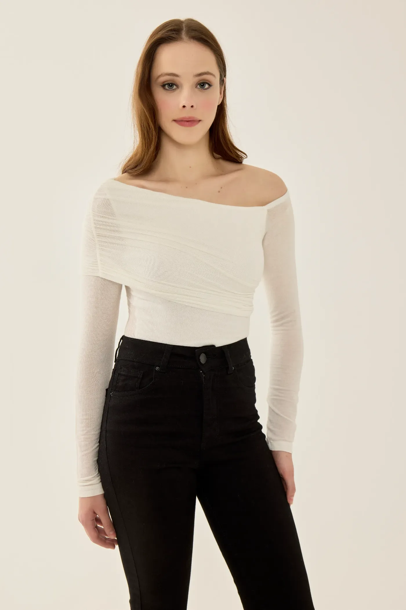 Asymmetrical Collar Long Sleeve Slim Fit Blouse 2