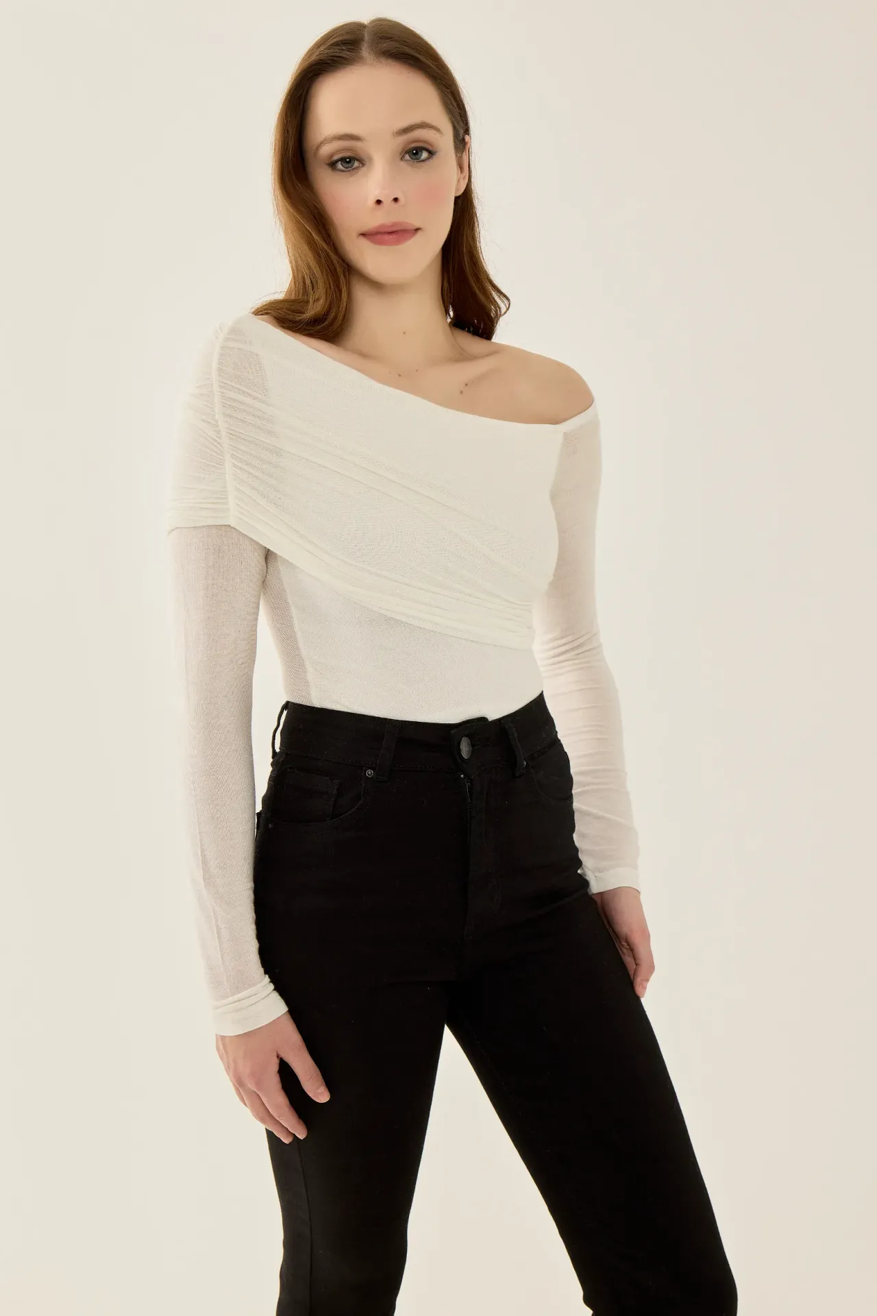 Asymmetrical Collar Long Sleeve Slim Fit Blouse