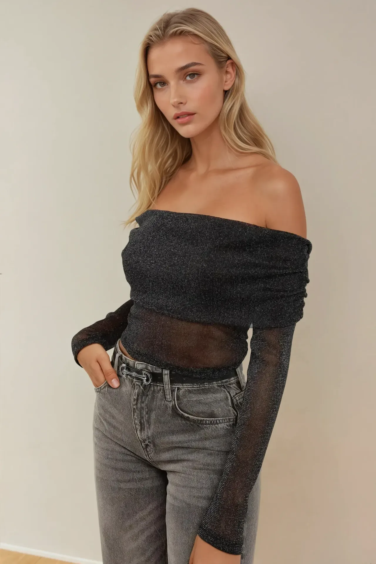 Off Shoulder Glitter Tulle Blouse