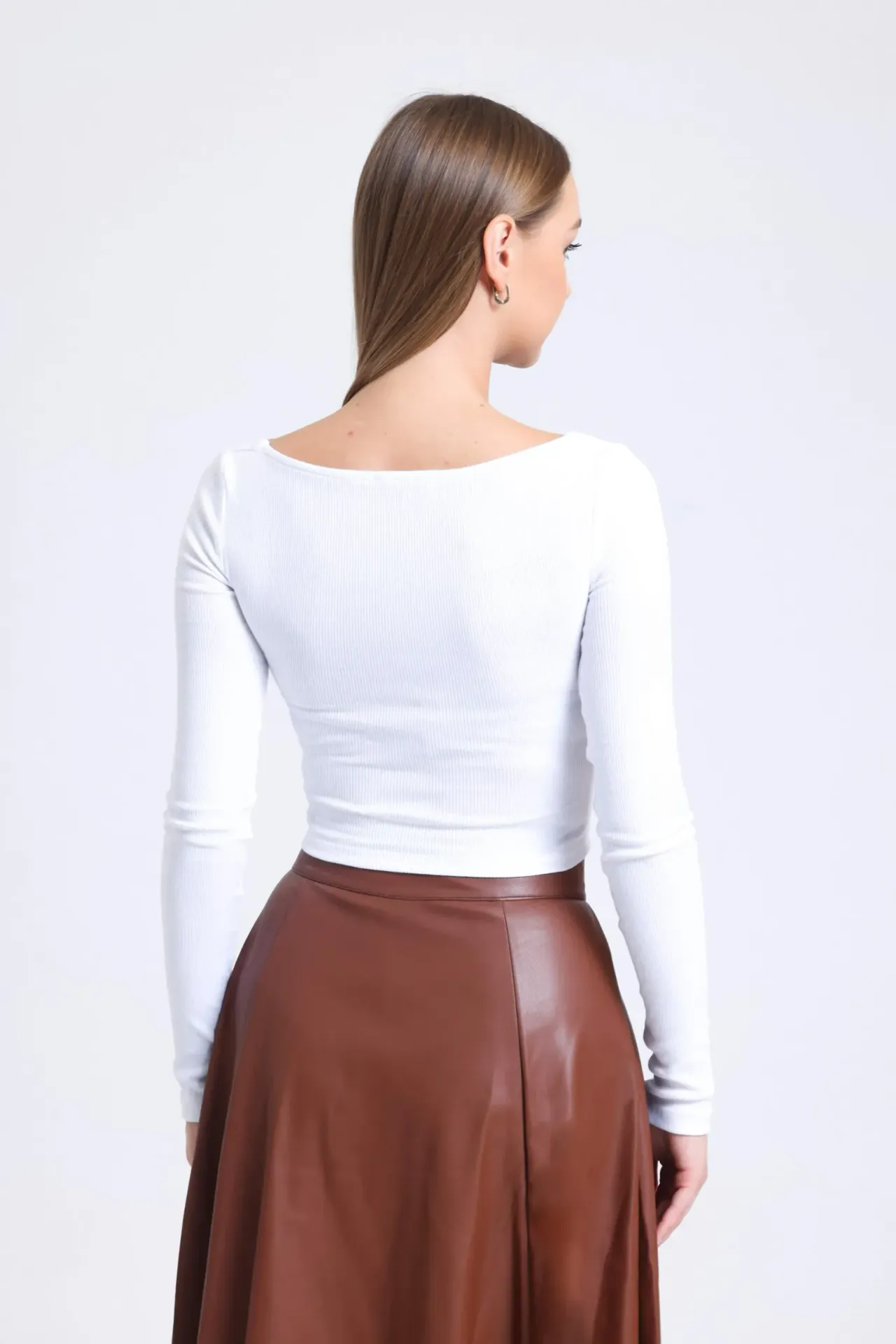 Square Neck Ribbed Long Sleeve Basic Top