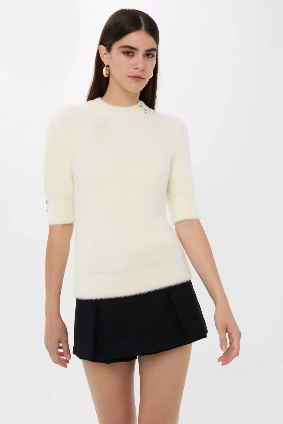 Short Sleeve Stone Embellished Sweater