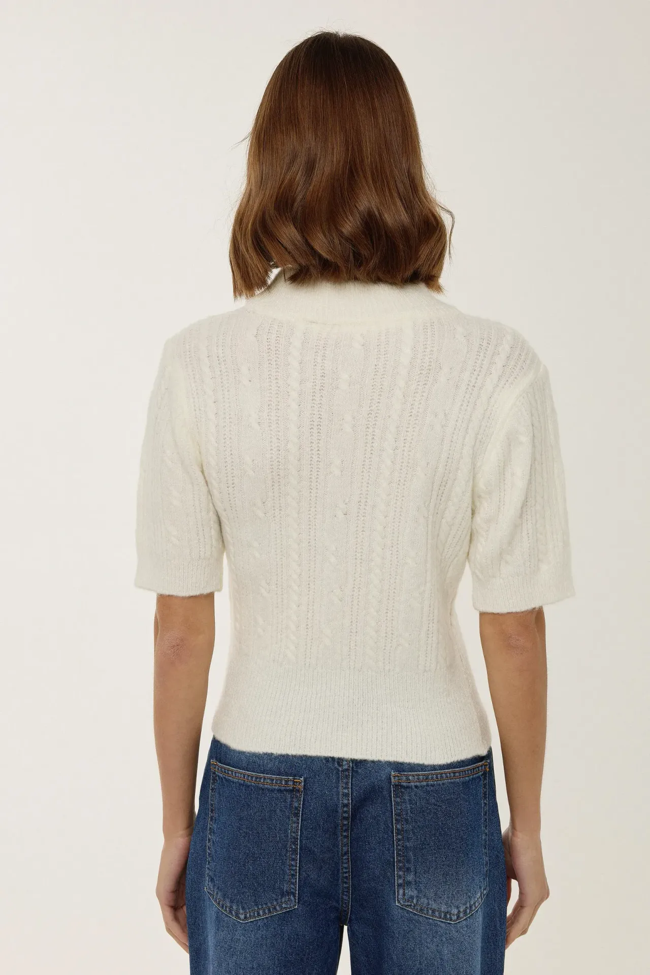 Short Sleeve Half Turtleneck Hair Braid Knit Sweater