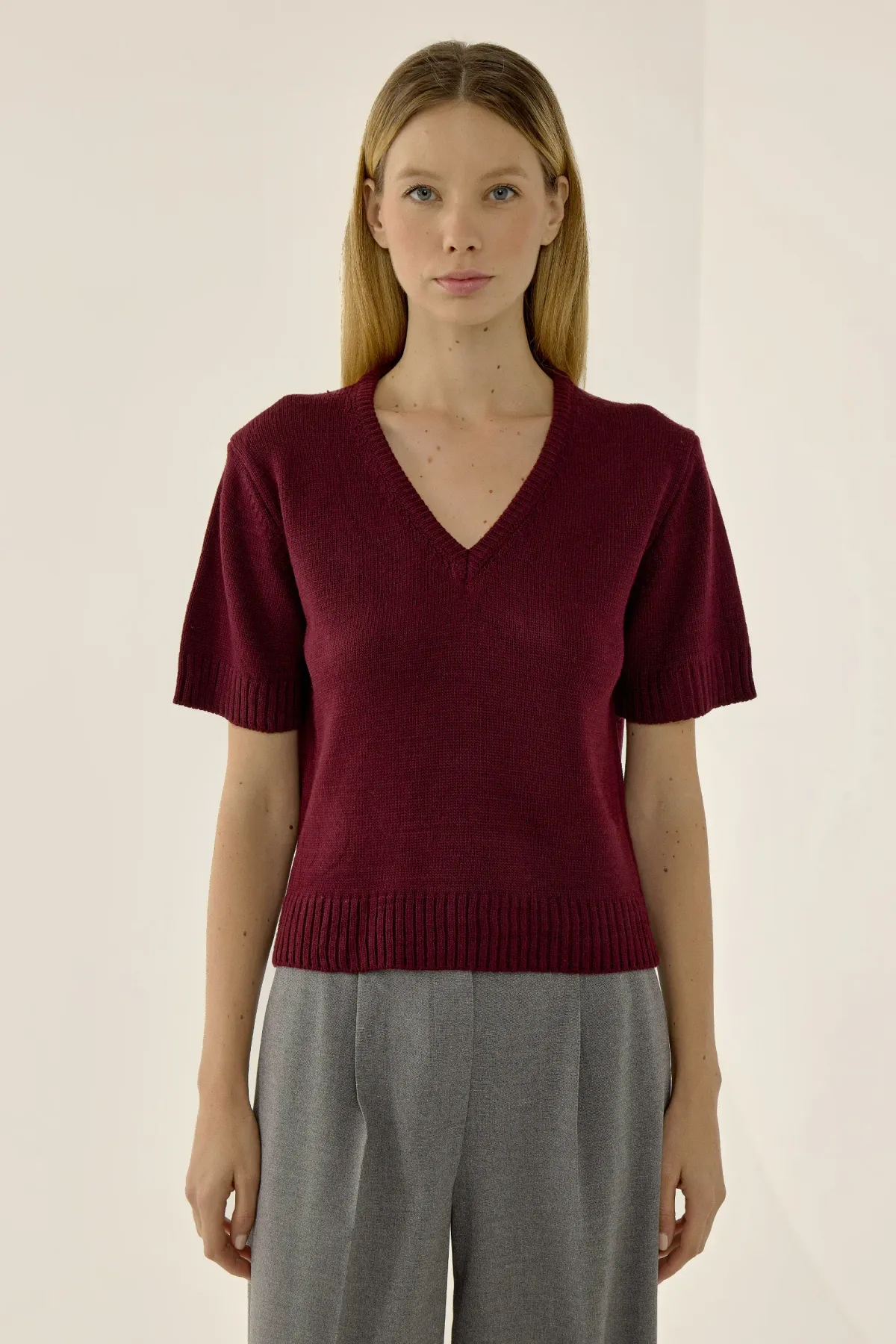 V-Neck Short Sleeve Knit Sweater 1