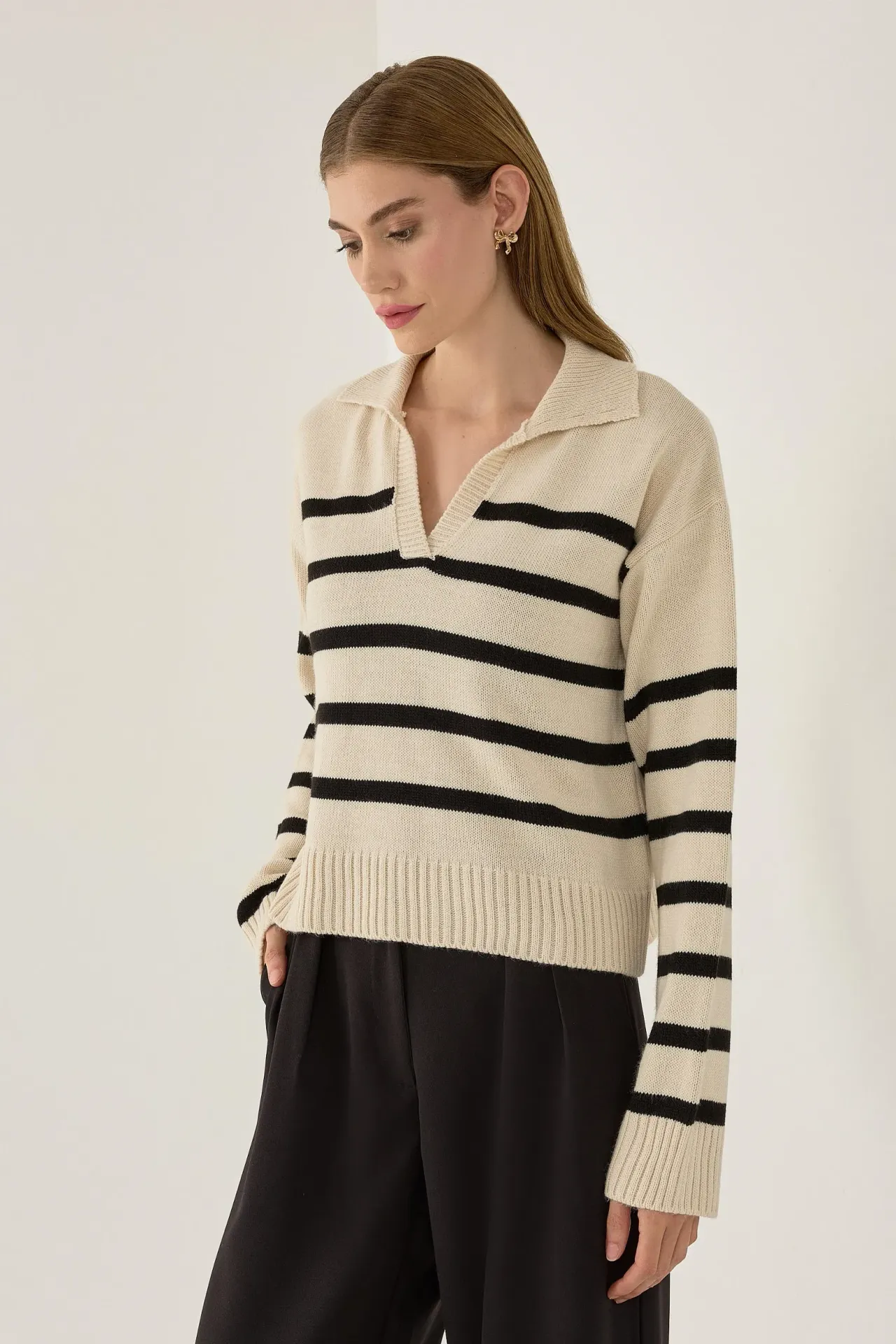 Striped Polo Collar Knit Sweater