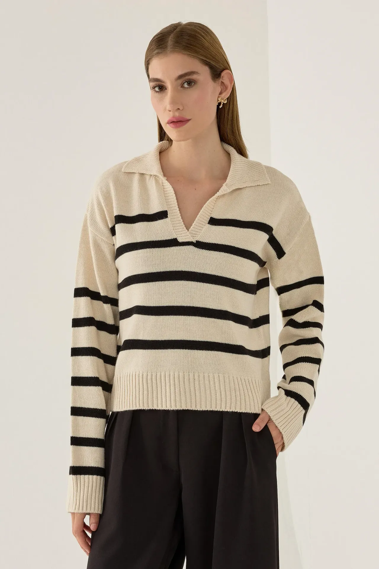 Striped Polo Collar Knit Sweater