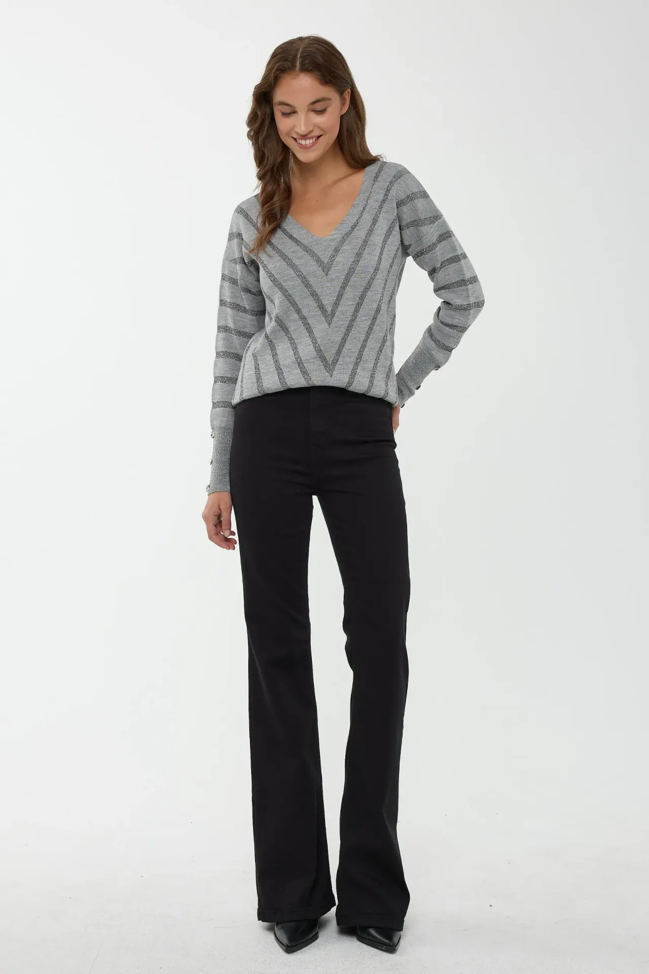 Striped V-Neck Lurex Sweater