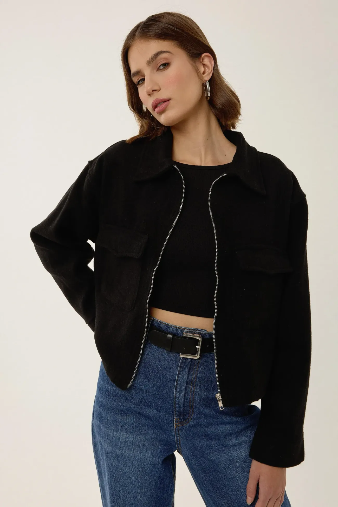 Zippered Jacket with Shirt Collar 1