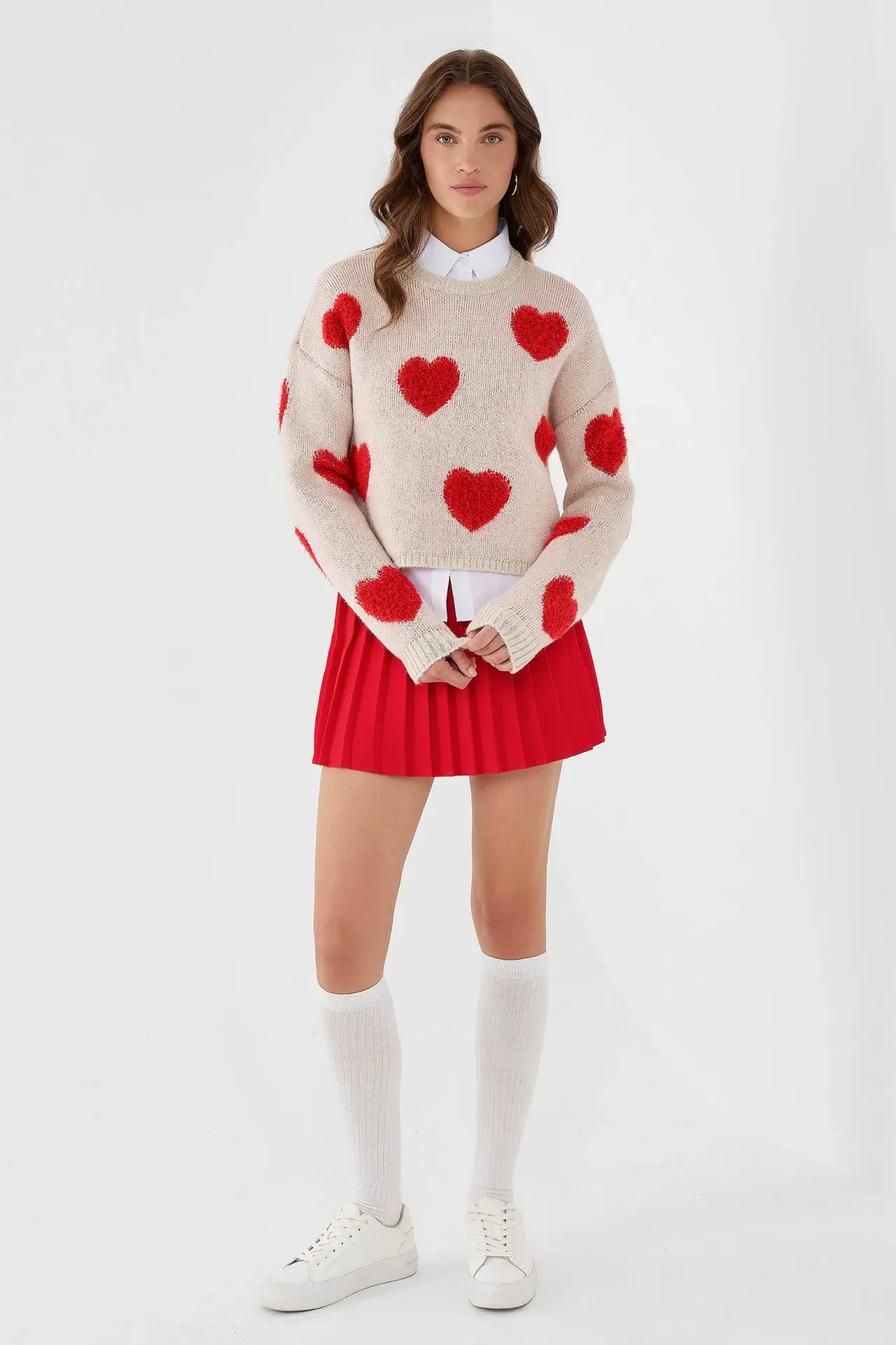 Heart Patterned Crew Neck Sweater
