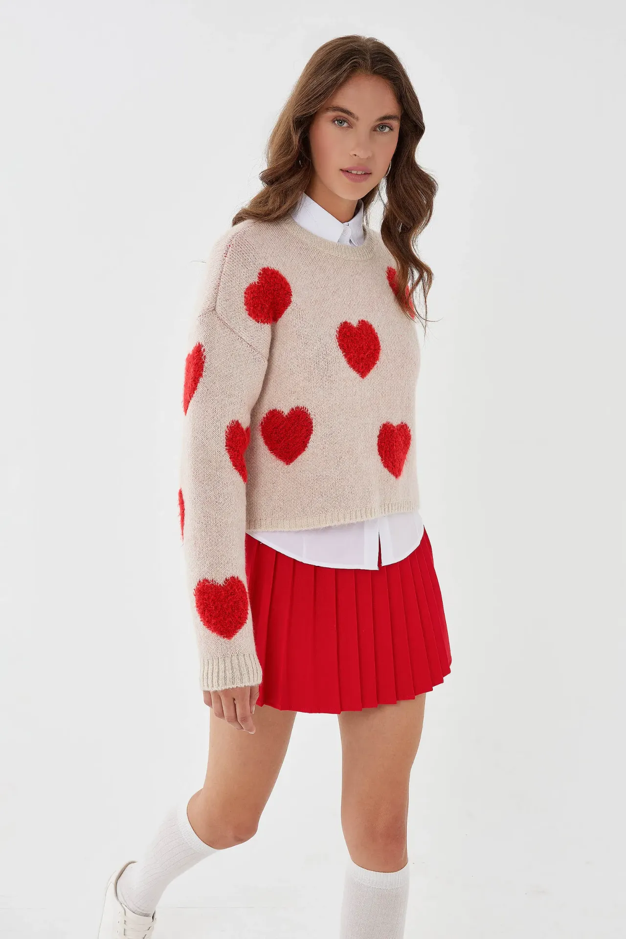 Heart Patterned Crew Neck Sweater