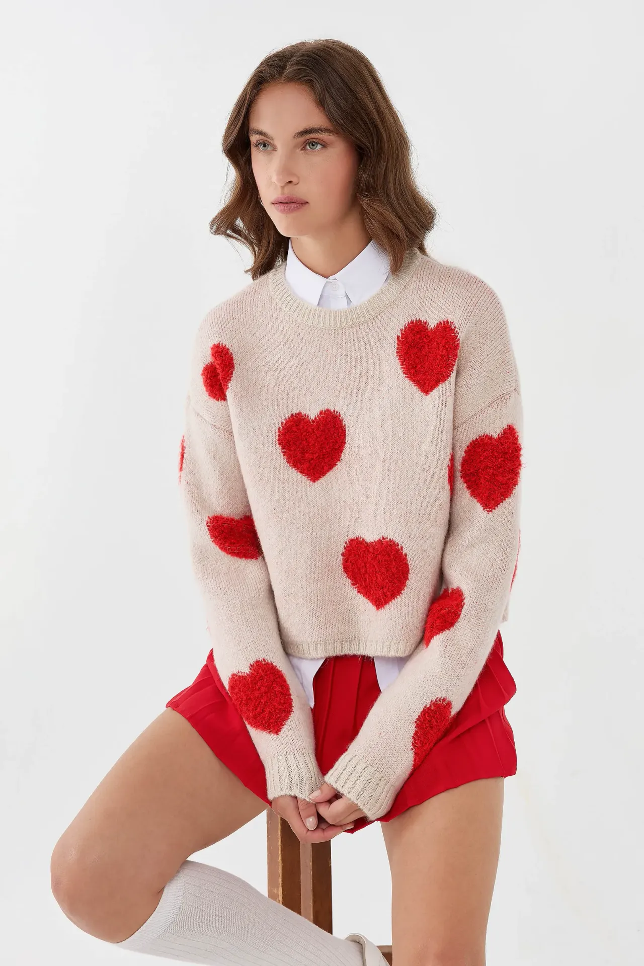 Heart Patterned Crew Neck Sweater