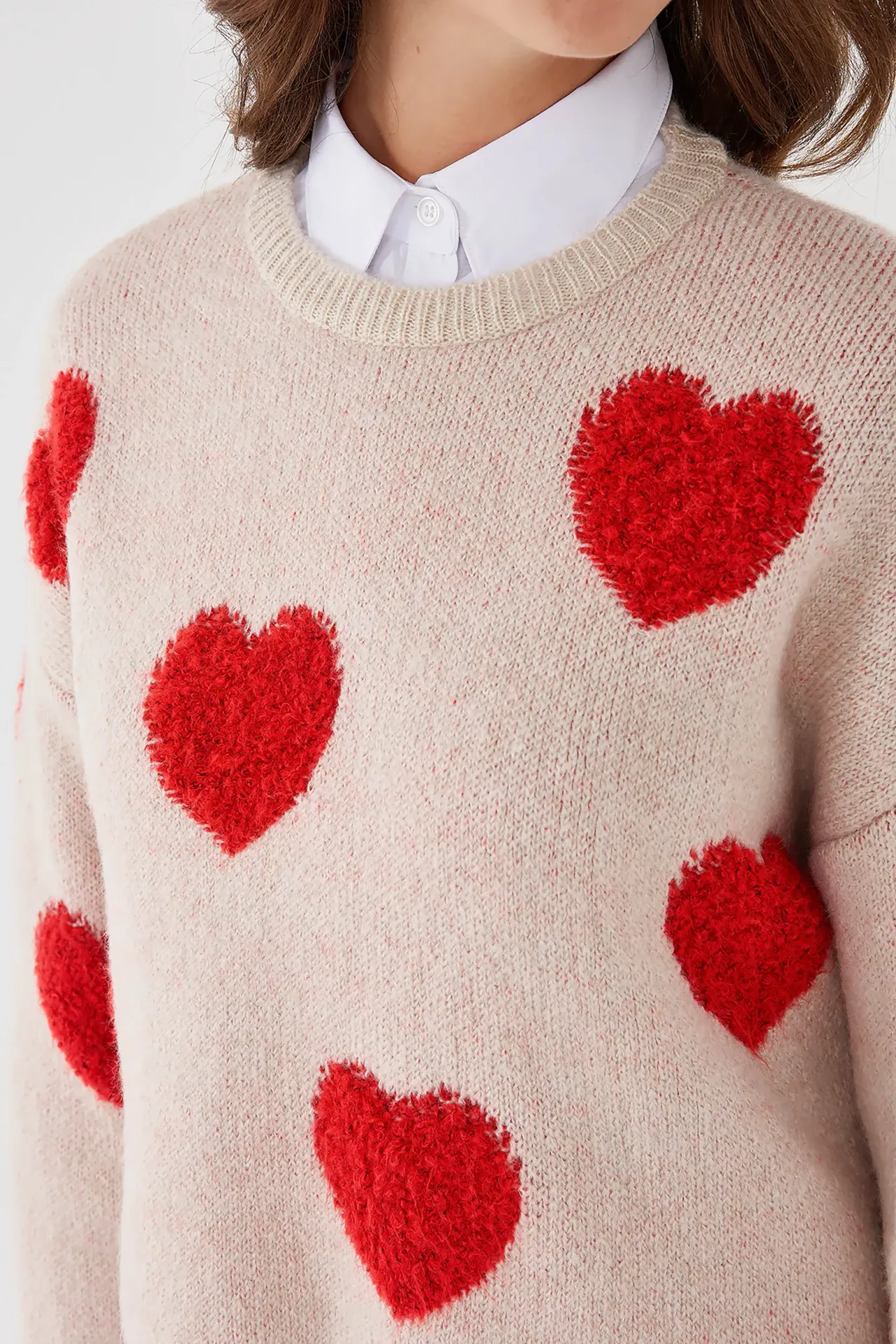 Heart Patterned Crew Neck Sweater