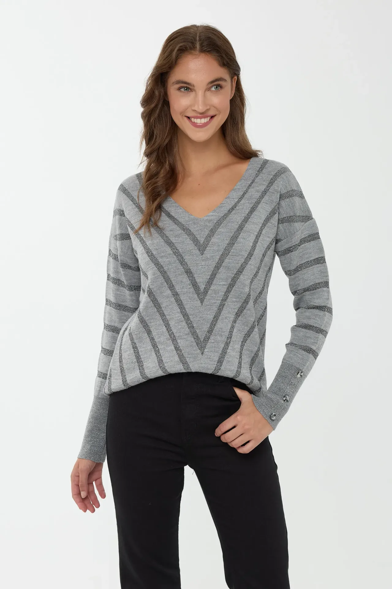 Striped V-Neck Lurex Sweater