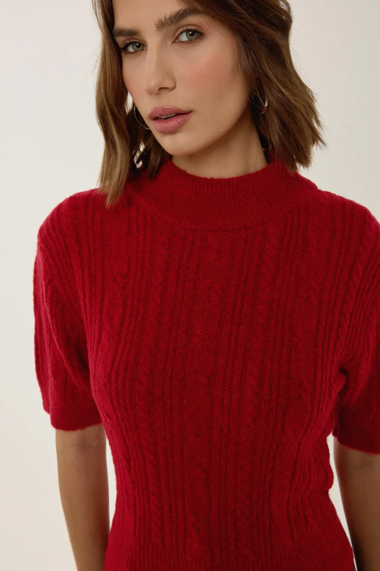 Short Sleeve Half Turtleneck Hair Braid Knit Sweater