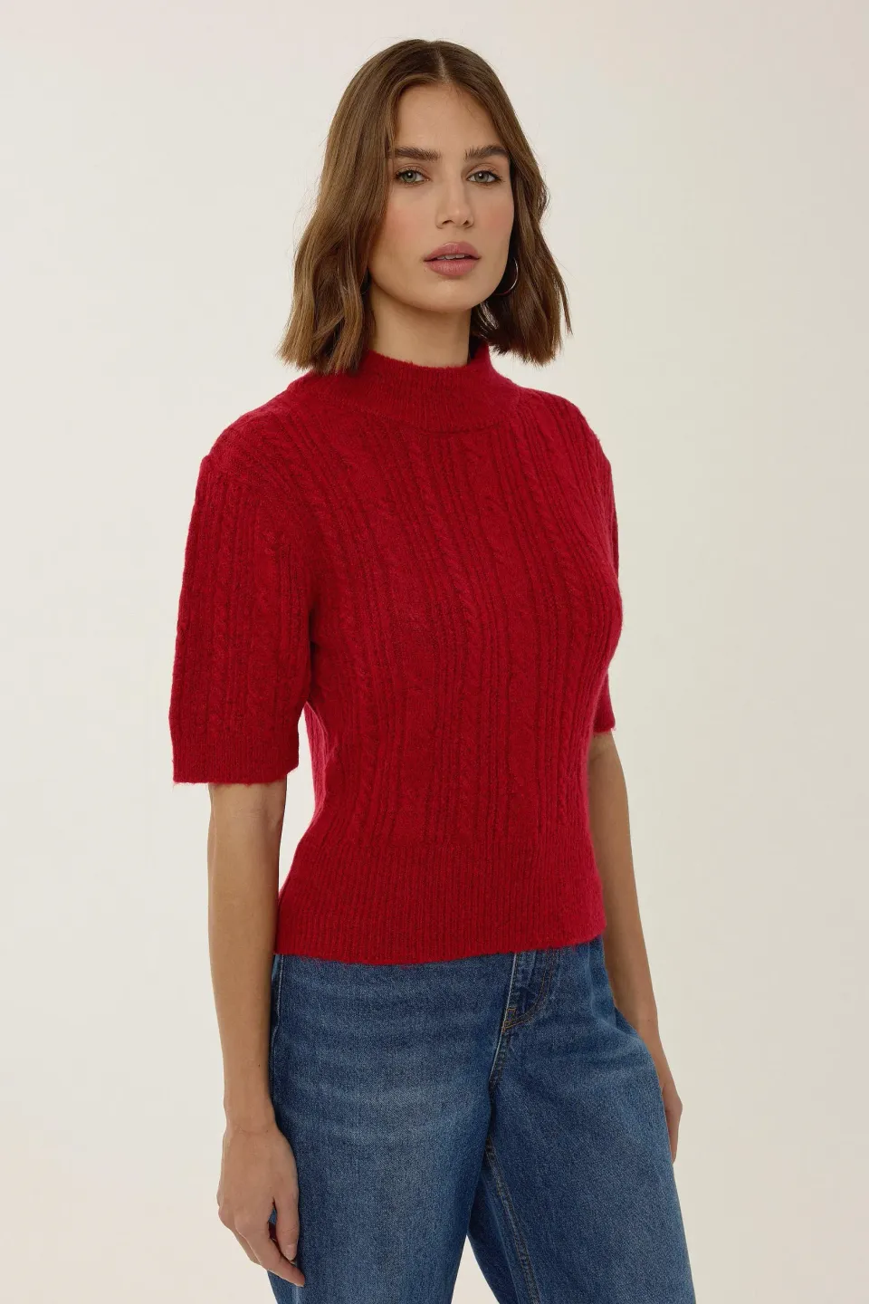 Short Sleeve Half Turtleneck Hair Braid Knit Sweater