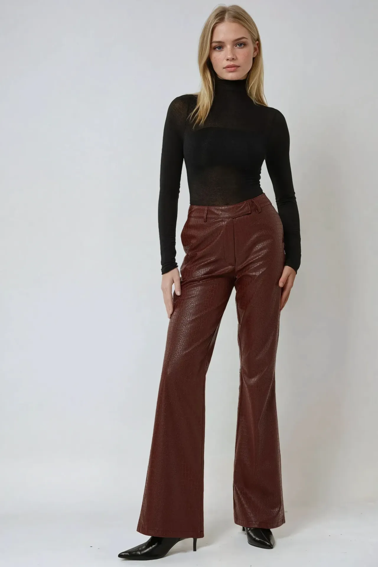  Snake Effect Faux Leather Flare Trousers