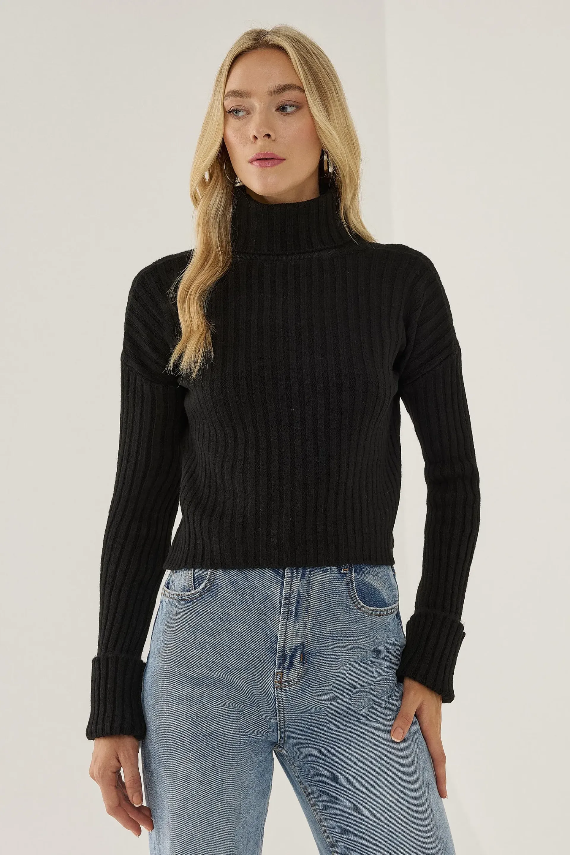 Black Turtleneck Regular Fit Sweater Women