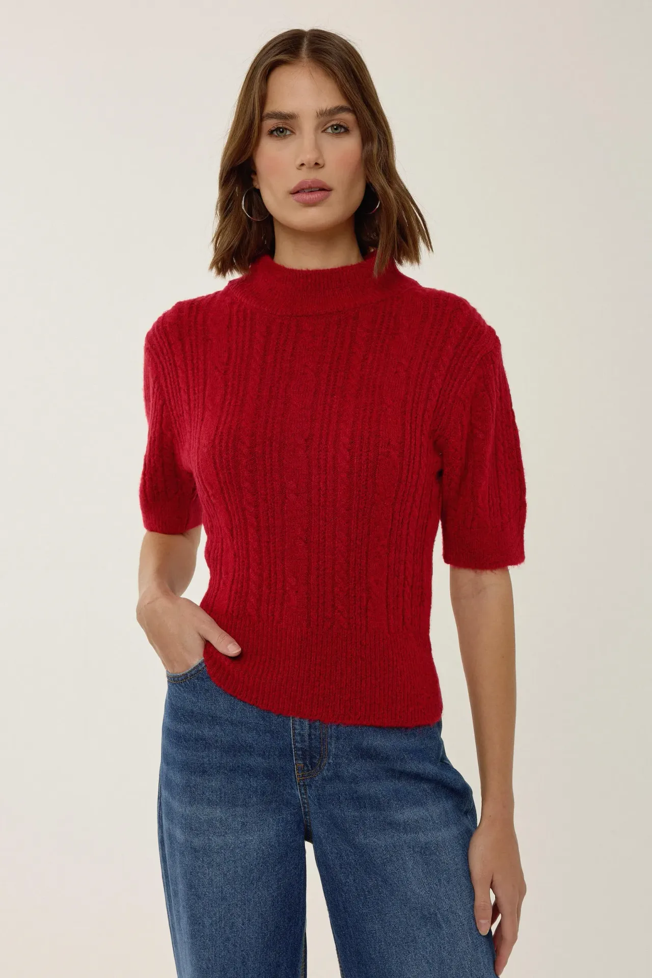 Short Sleeve Half Turtleneck Hair Braid Knit Sweater