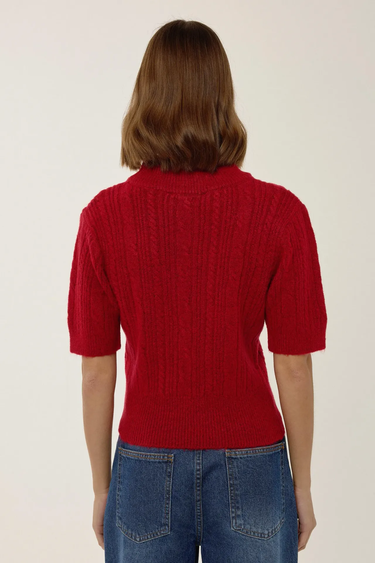 Short Sleeve Half Turtleneck Hair Braid Knit Sweater