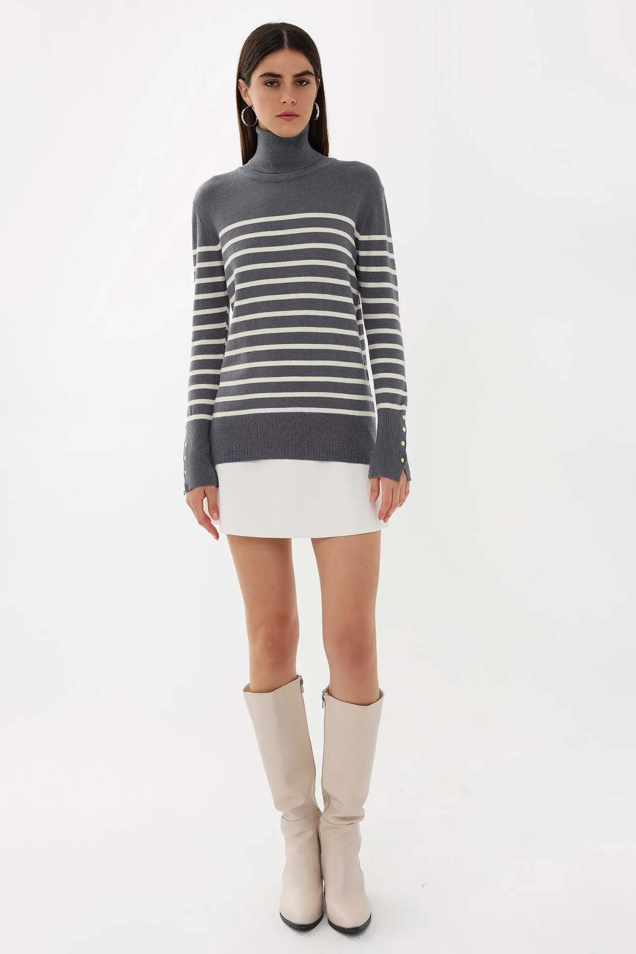 Striped Button Detailed Knitwear Sweater