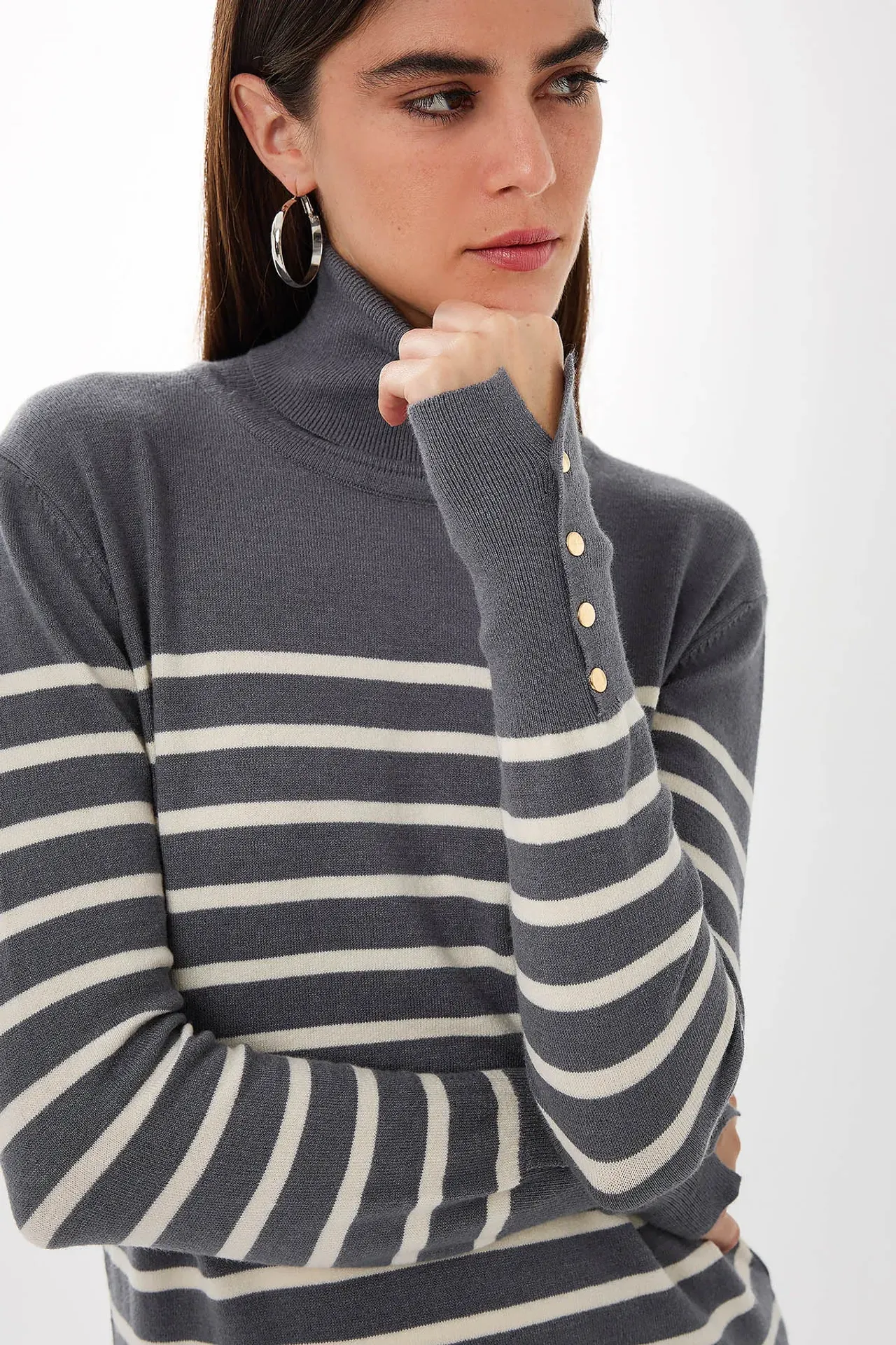 Striped Button Detailed Knitwear Sweater