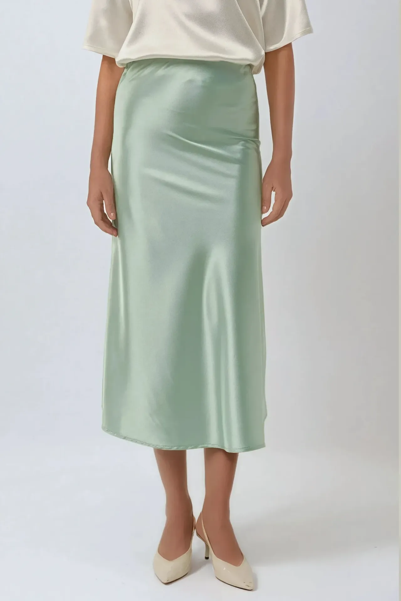 High-Waist Satin Midi Skirt