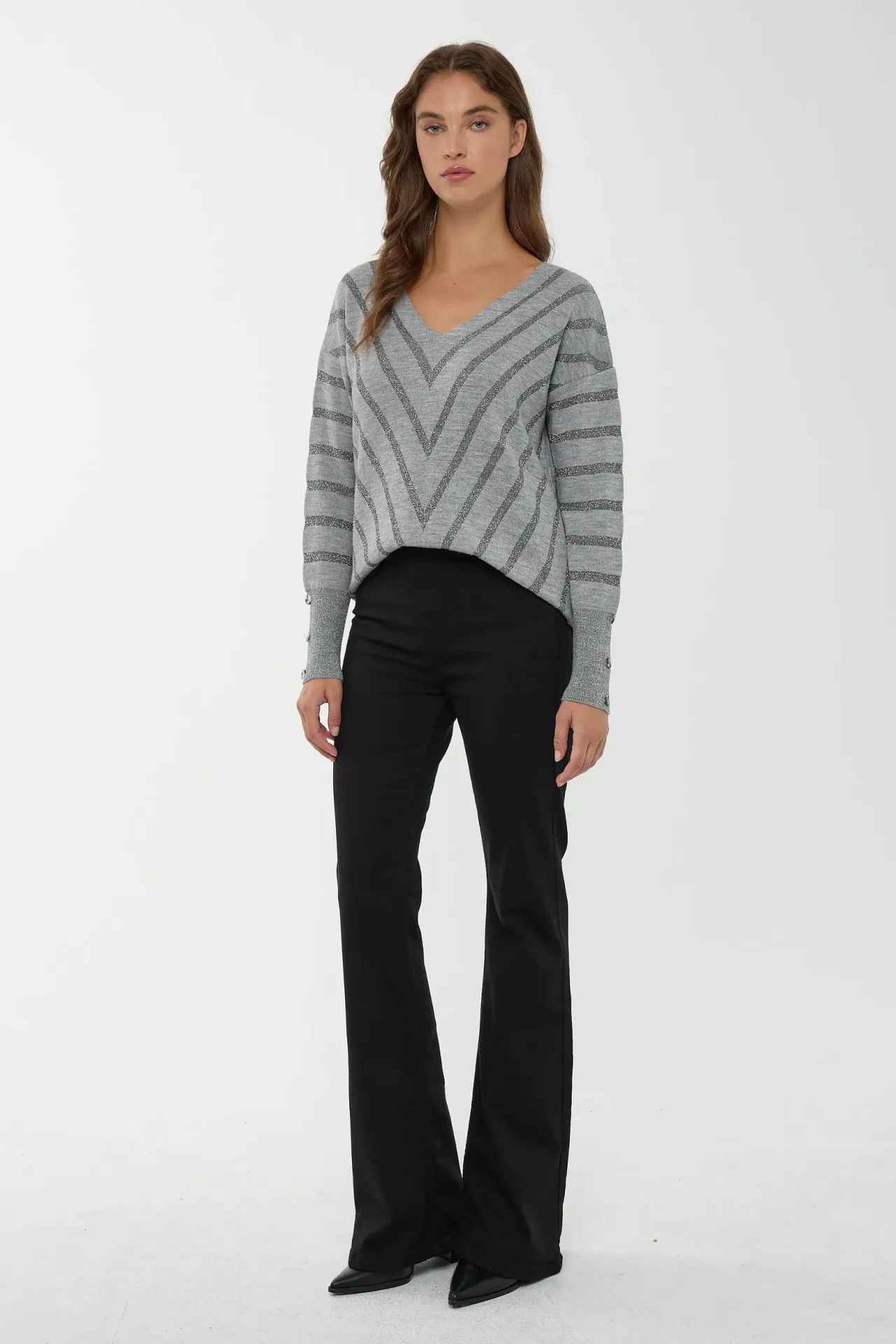 Striped V-Neck Lurex Sweater