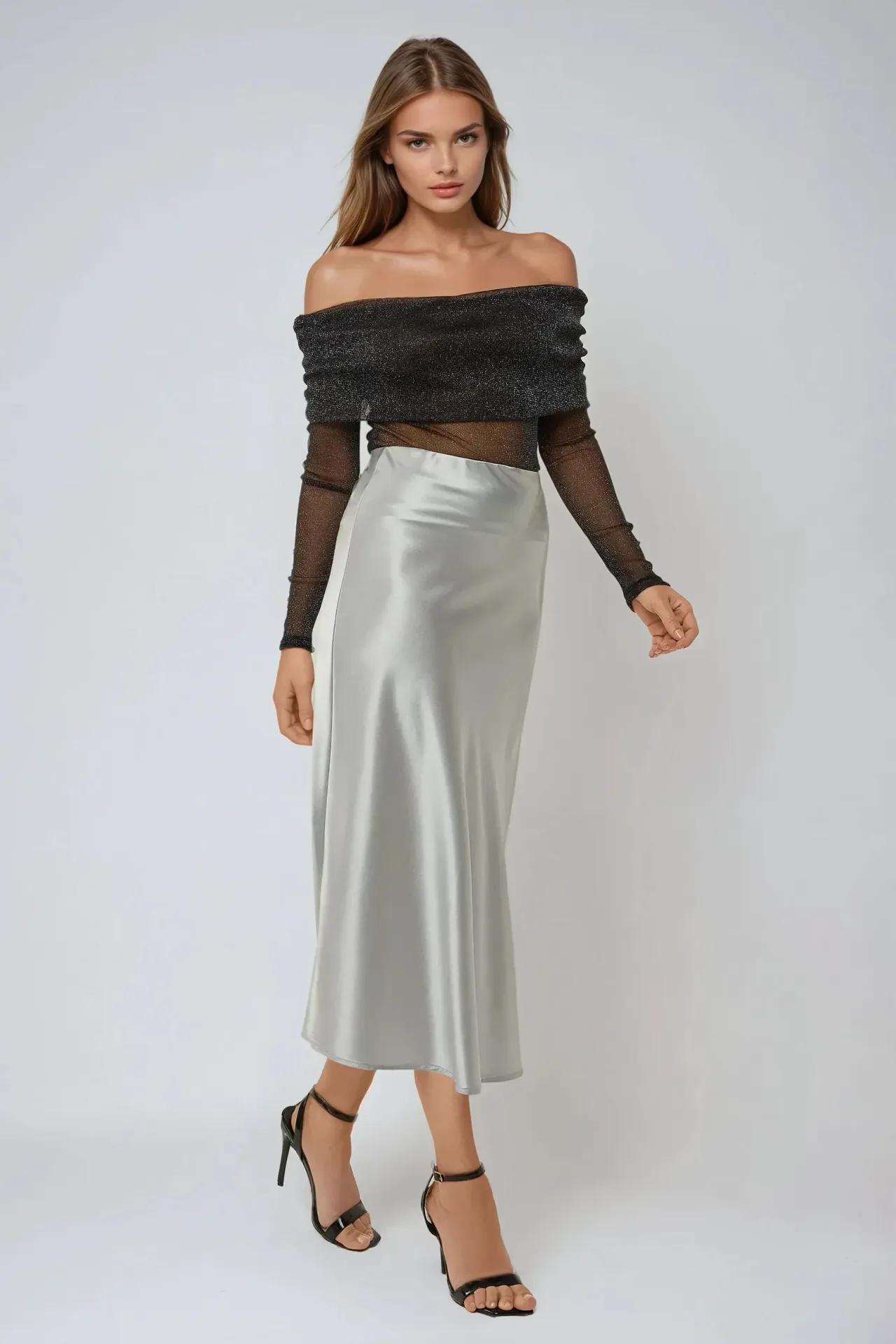 High-Waist Satin Midi Skirt