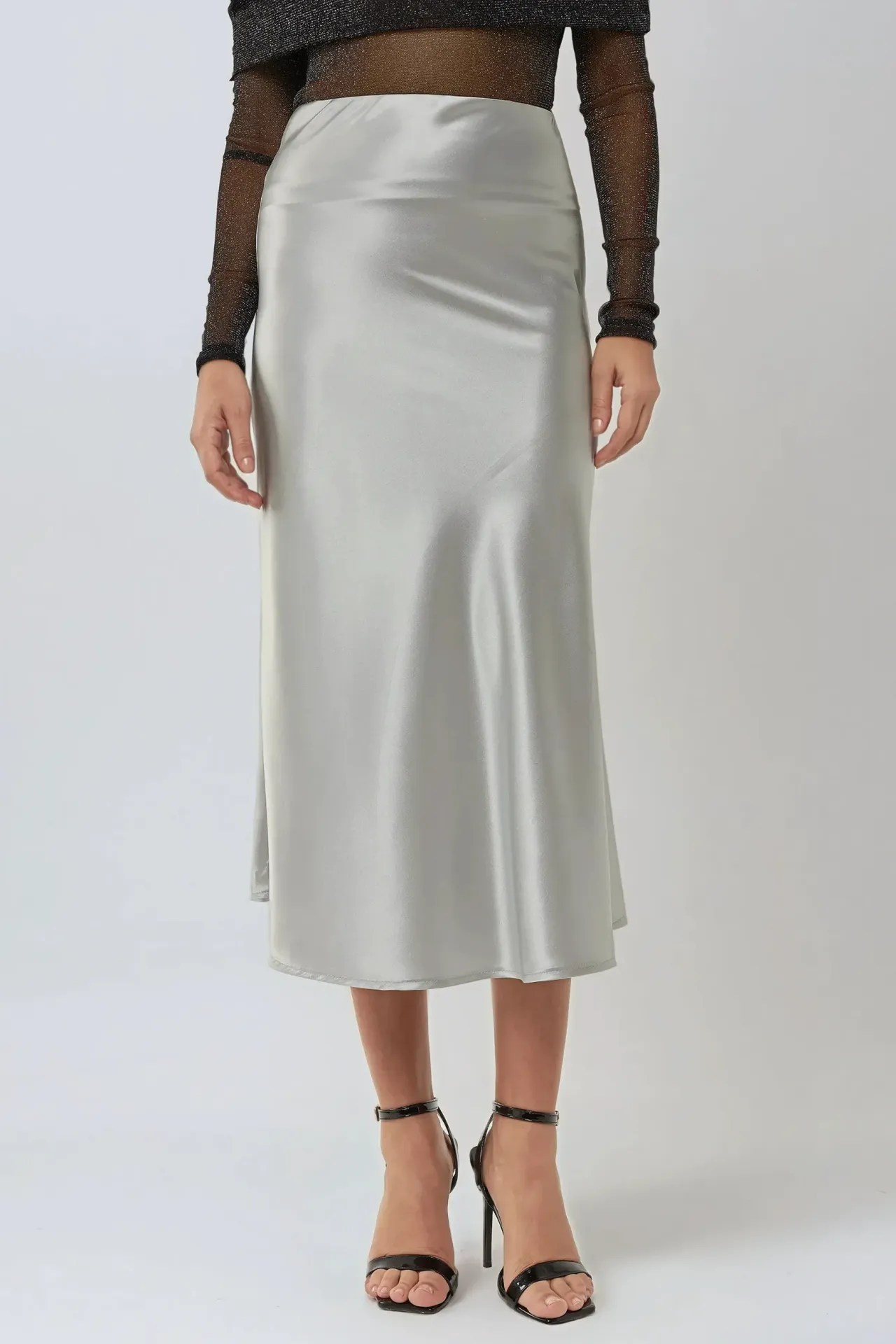 High-Waist Satin Midi Skirt