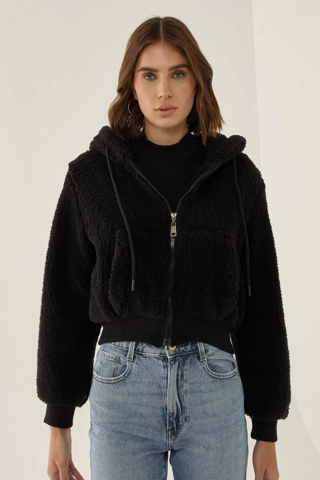 Plush Crop Jacket with Zipper Collar