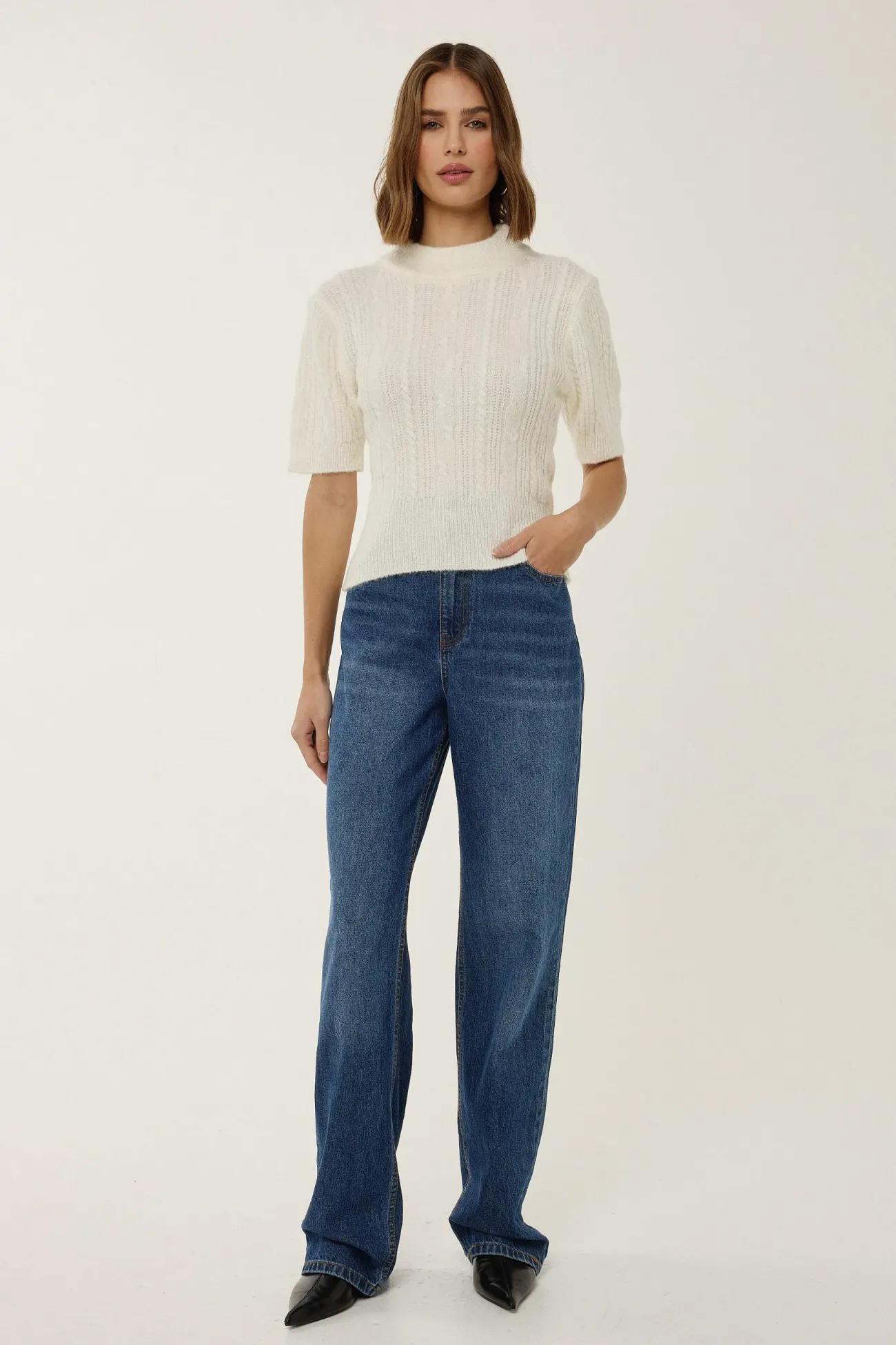 Short Sleeve Half Turtleneck Hair Braid Knit Sweater 2